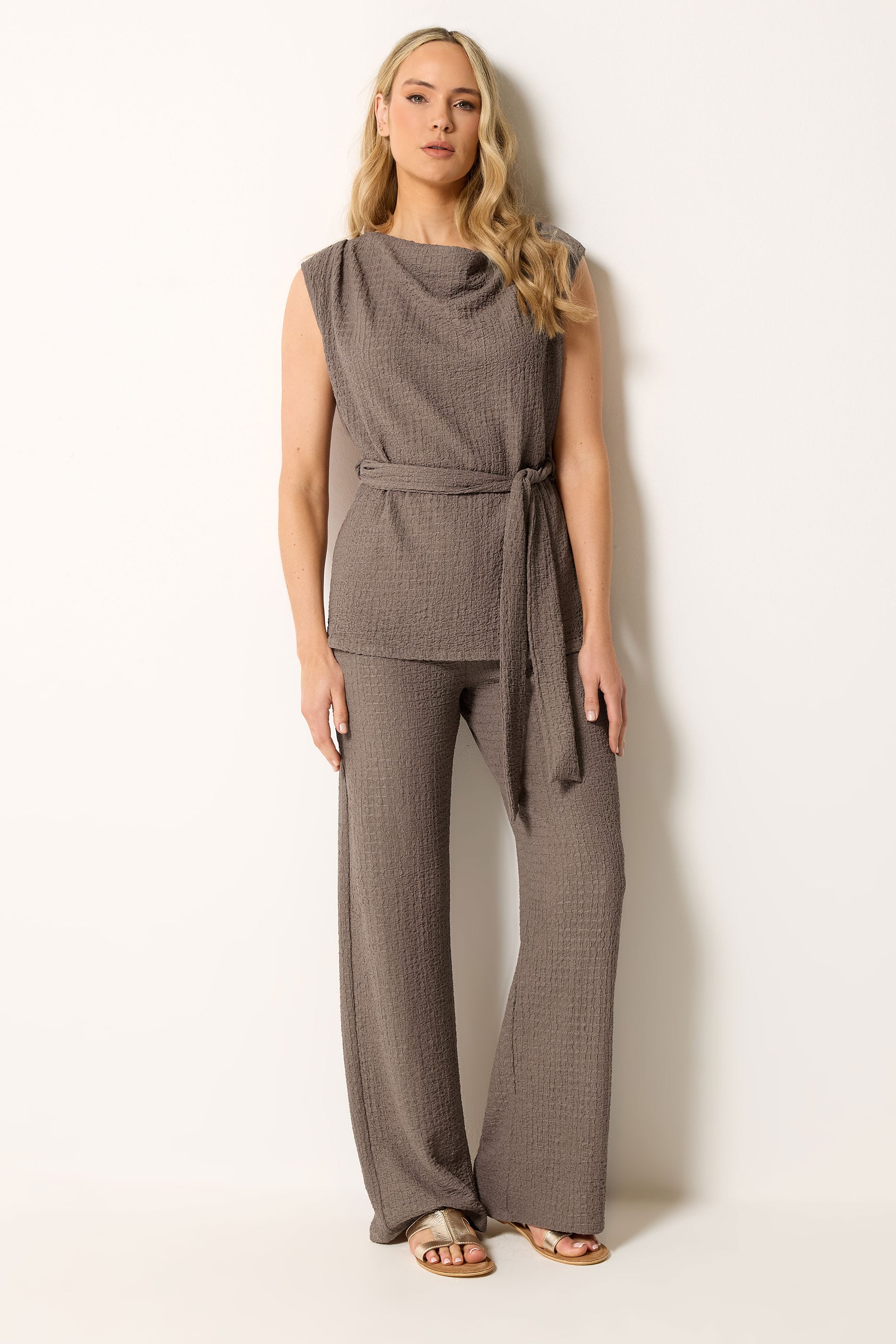 LTS Tall Women's Mocha Brown Textured Wide Leg Trousers | Long Tall Sally 3