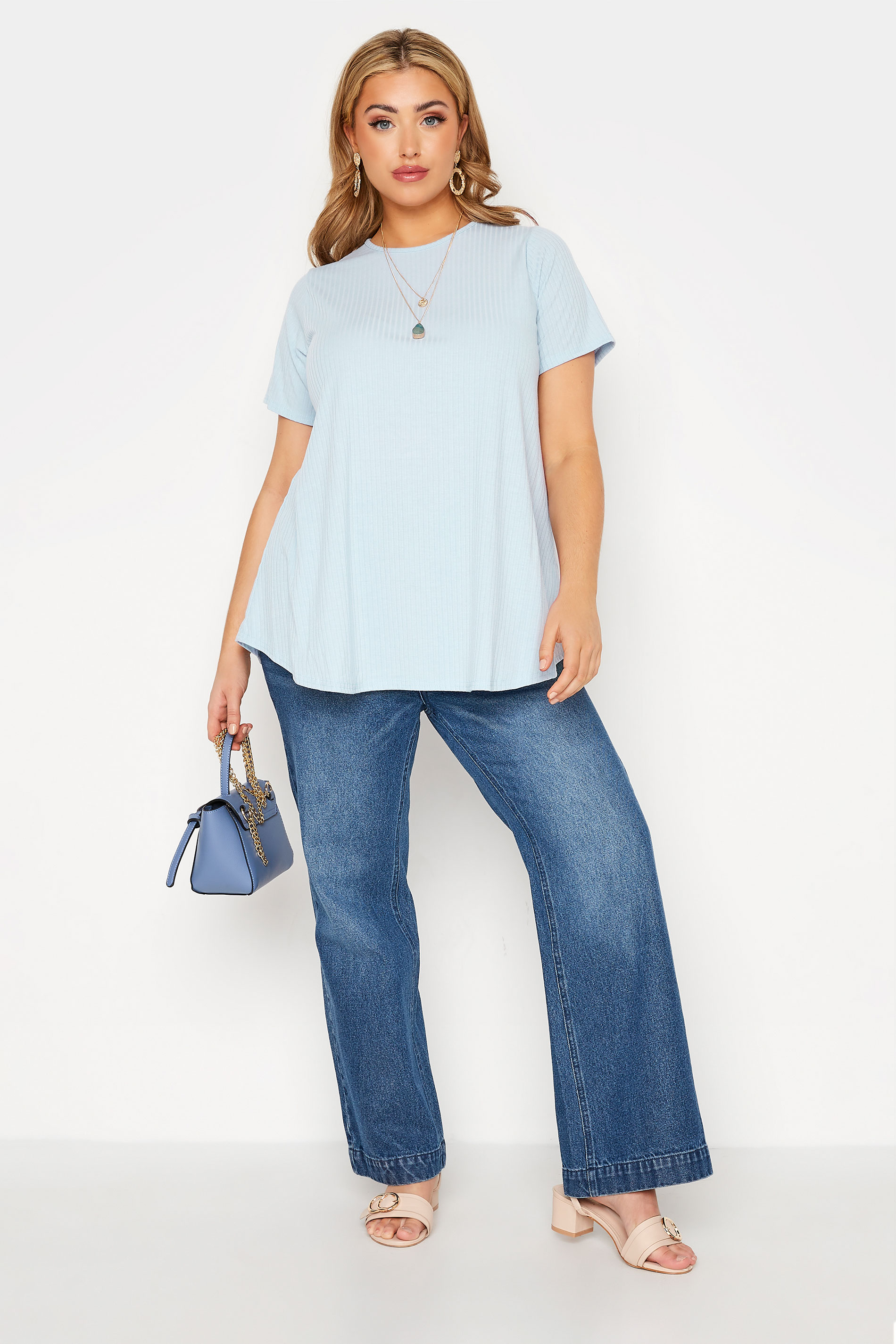 Grande taille  Tops Grande taille  Tops Jersey | LIMITED COLLECTION - T-Shirt Bleu Ciel Nervuré Volanté - XC92353