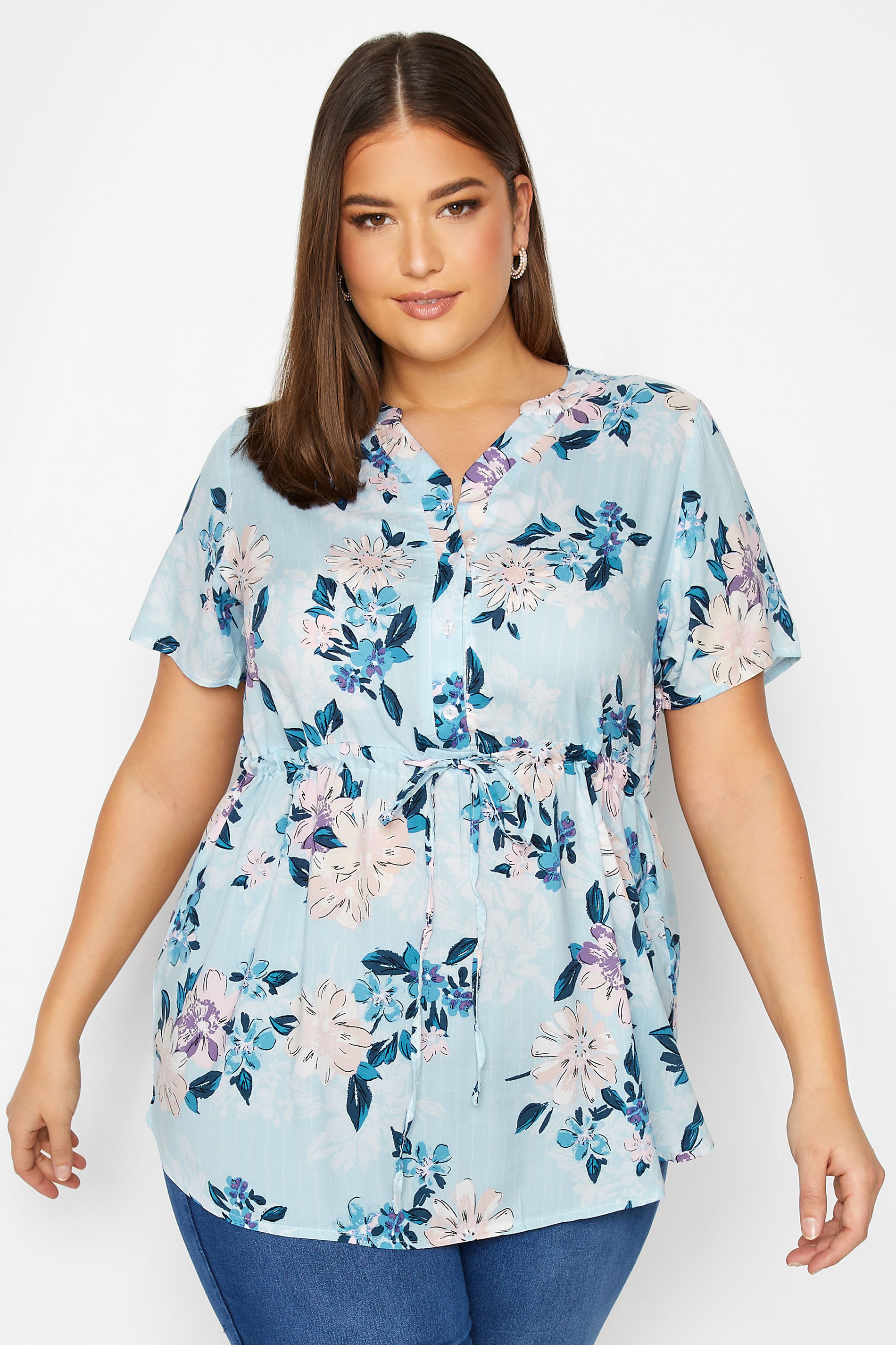 YOURS Plus Size Blue Floral Short Sleeve Shirt | Yours Clothing 1