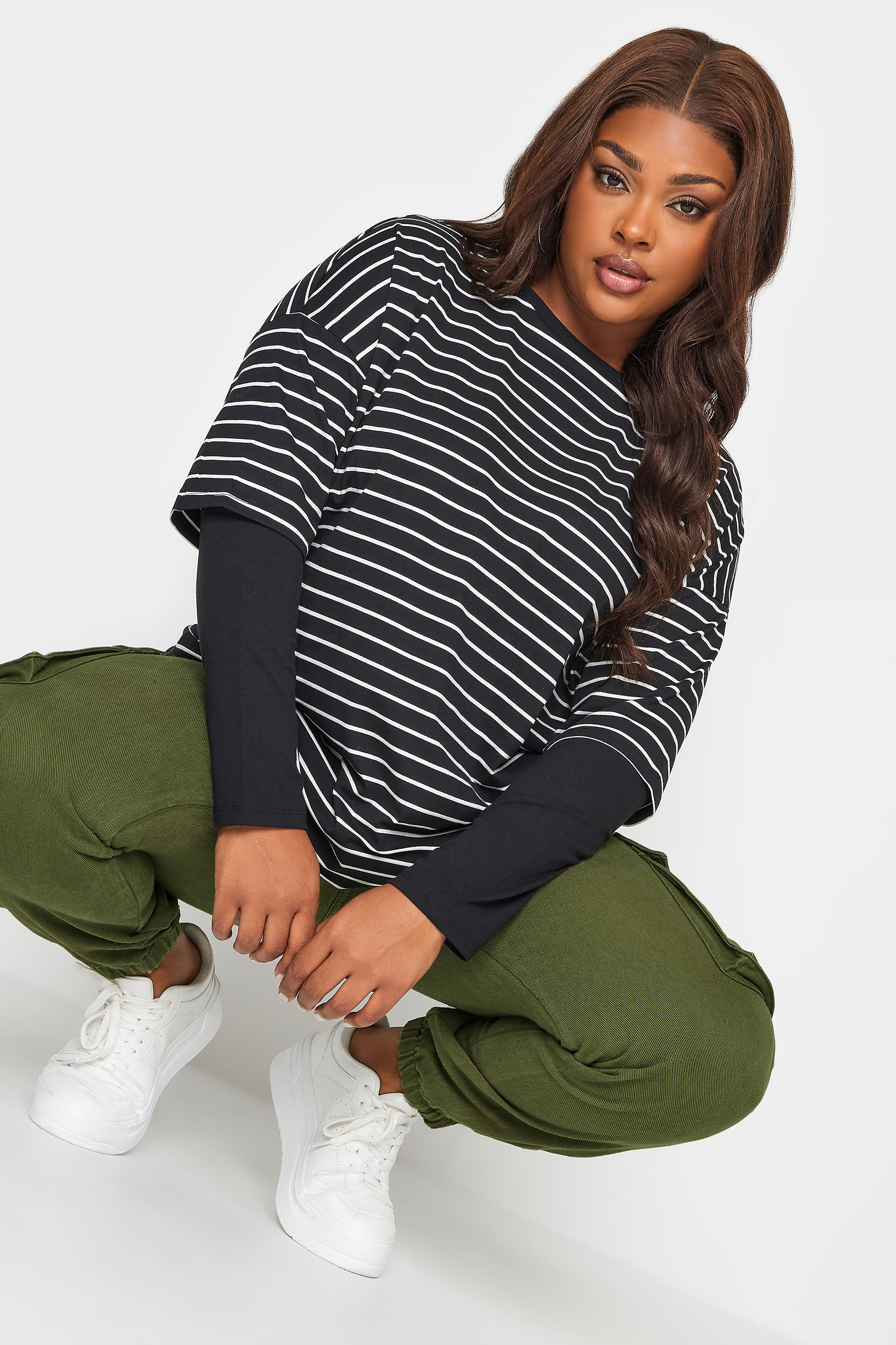 YOURS Plus Size Black Stripe Print Double Layer T-Shirt | Yours Clothing  1