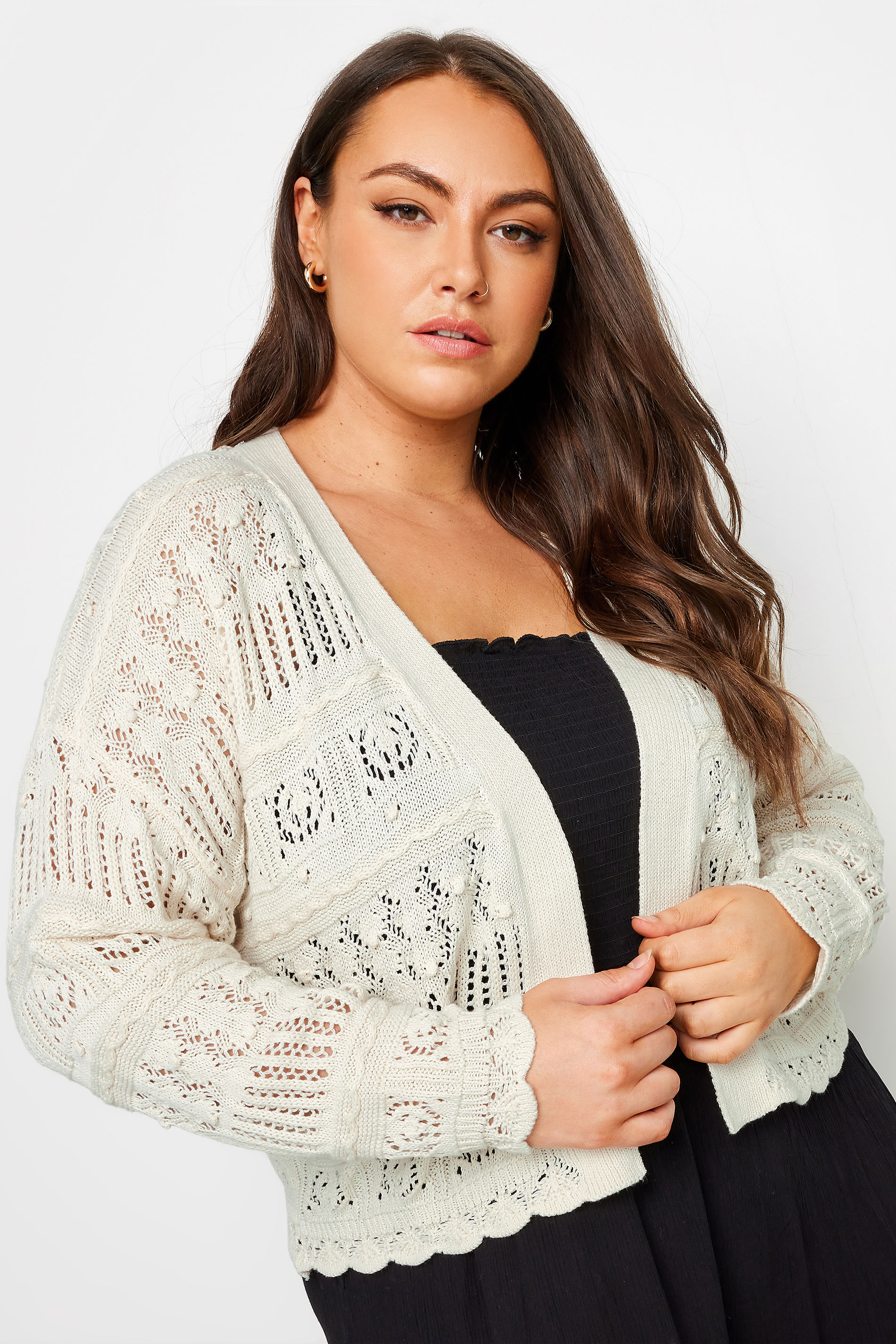 YOURS Plus Size Ivory White Pure Cotton Cropped Pointelle Cardigan | Yours Clothing 1