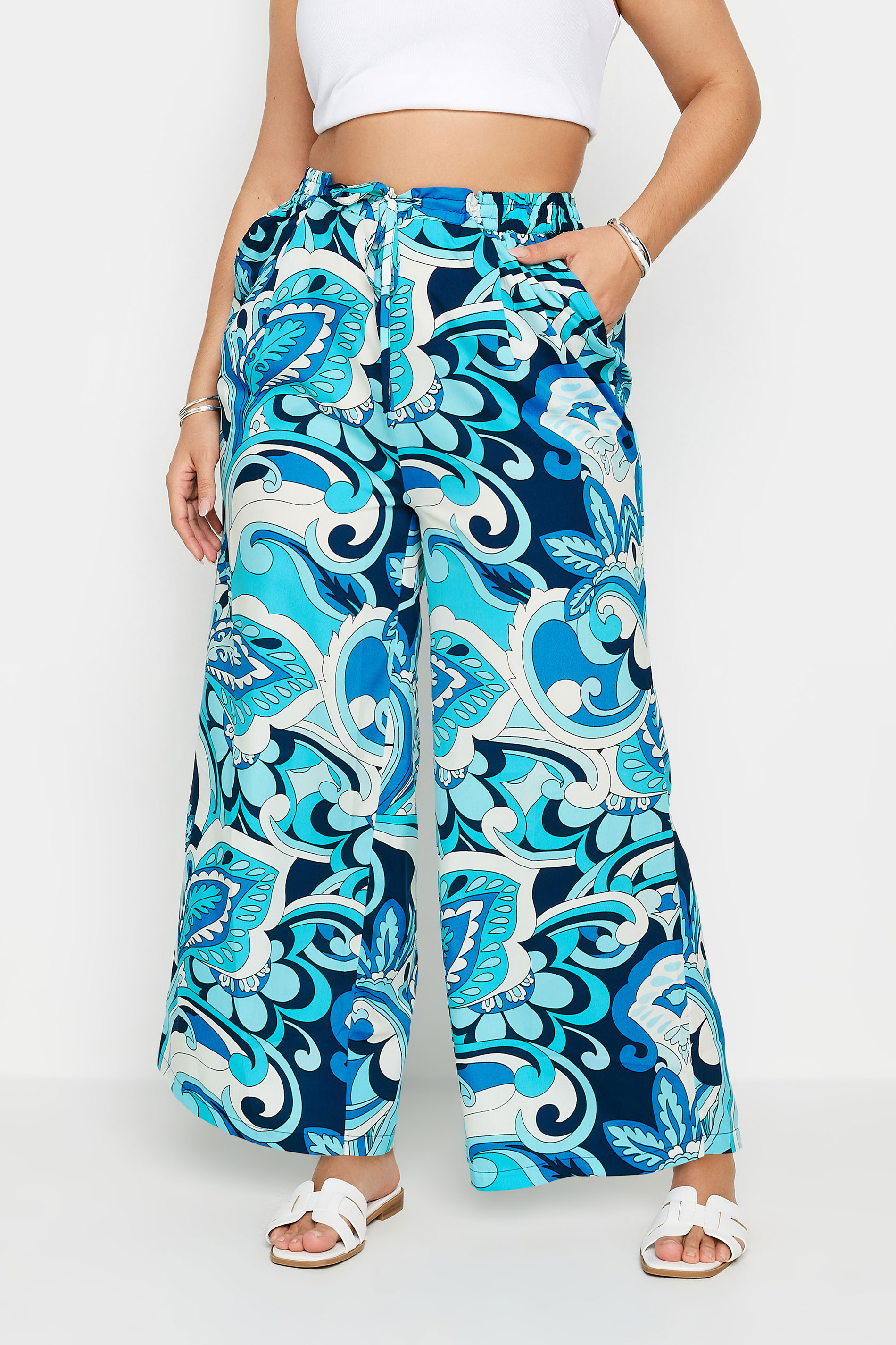 LIMITED COLLECTION Plus Size Blue Abstract Print Drawstring Wide Leg Trousers | Yours Clothing 2