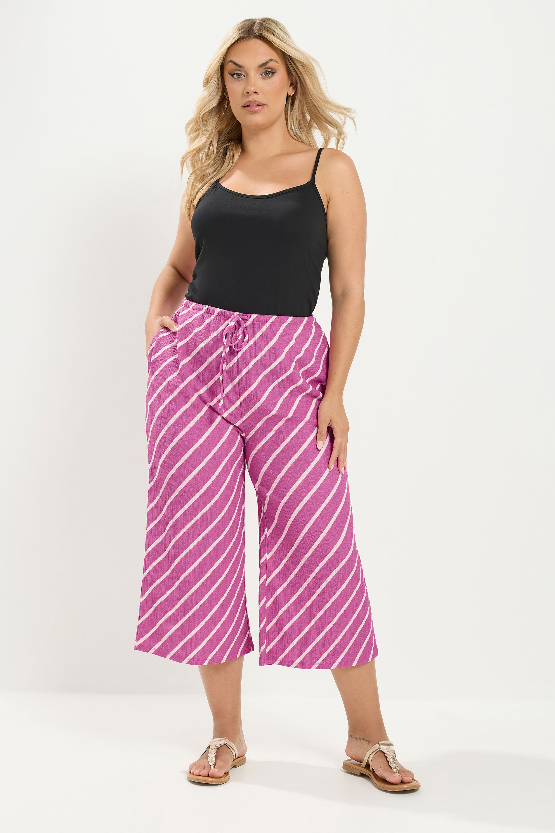 YOURS Plus Size Pink Striped Crinkle Culottes | Yours Clothing 1