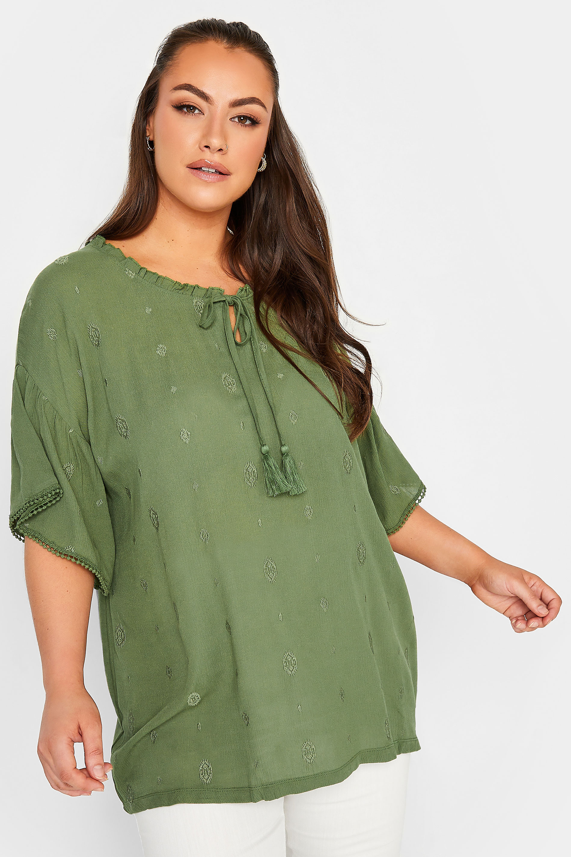 YOURS Curve Plus Size Khaki Green Tie Neck Embroidered Top | Yours Clothing  2
