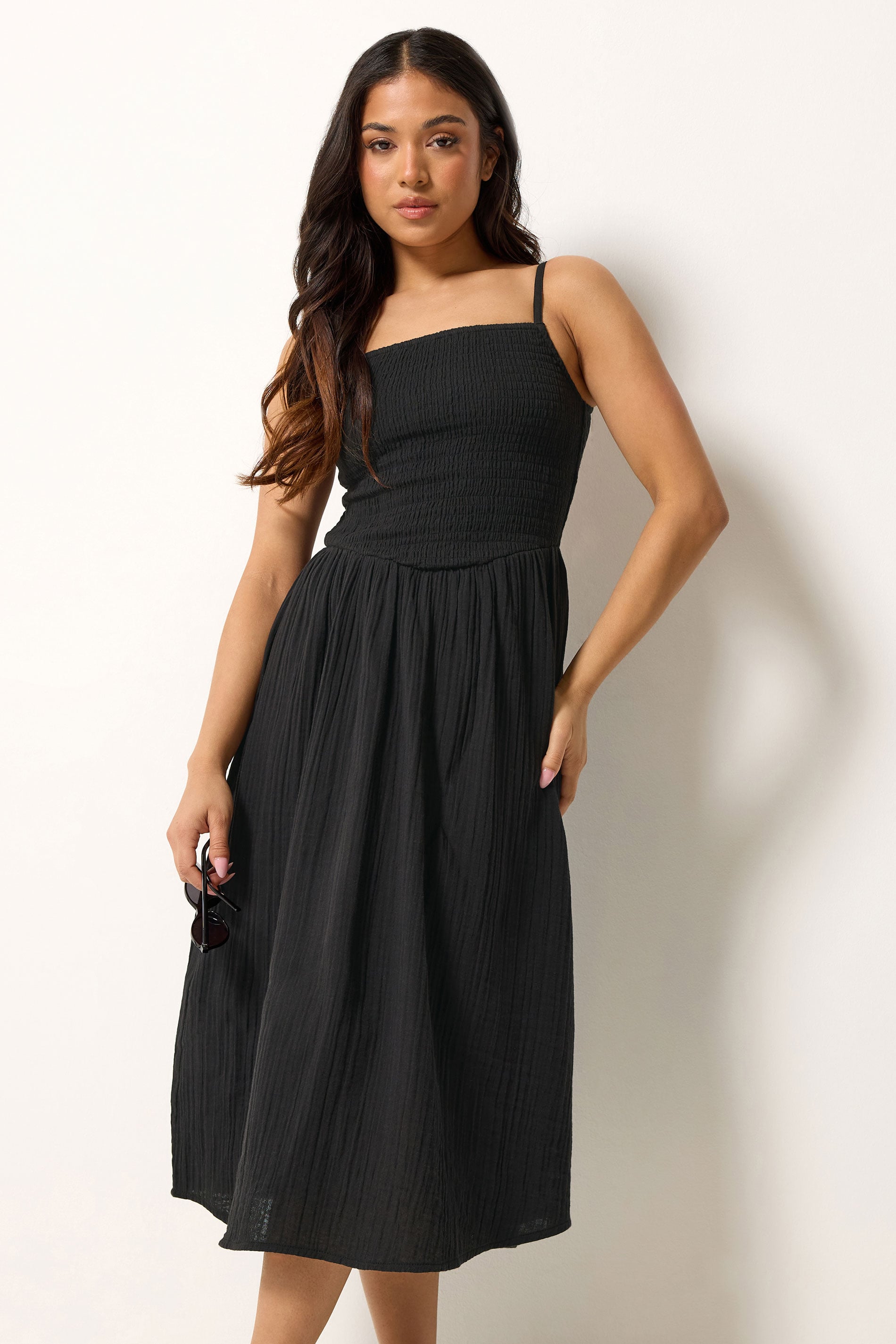 PixieGirl Petite Women's Black Cotton Cheesecloth Midi Dress | PixieGirl 3