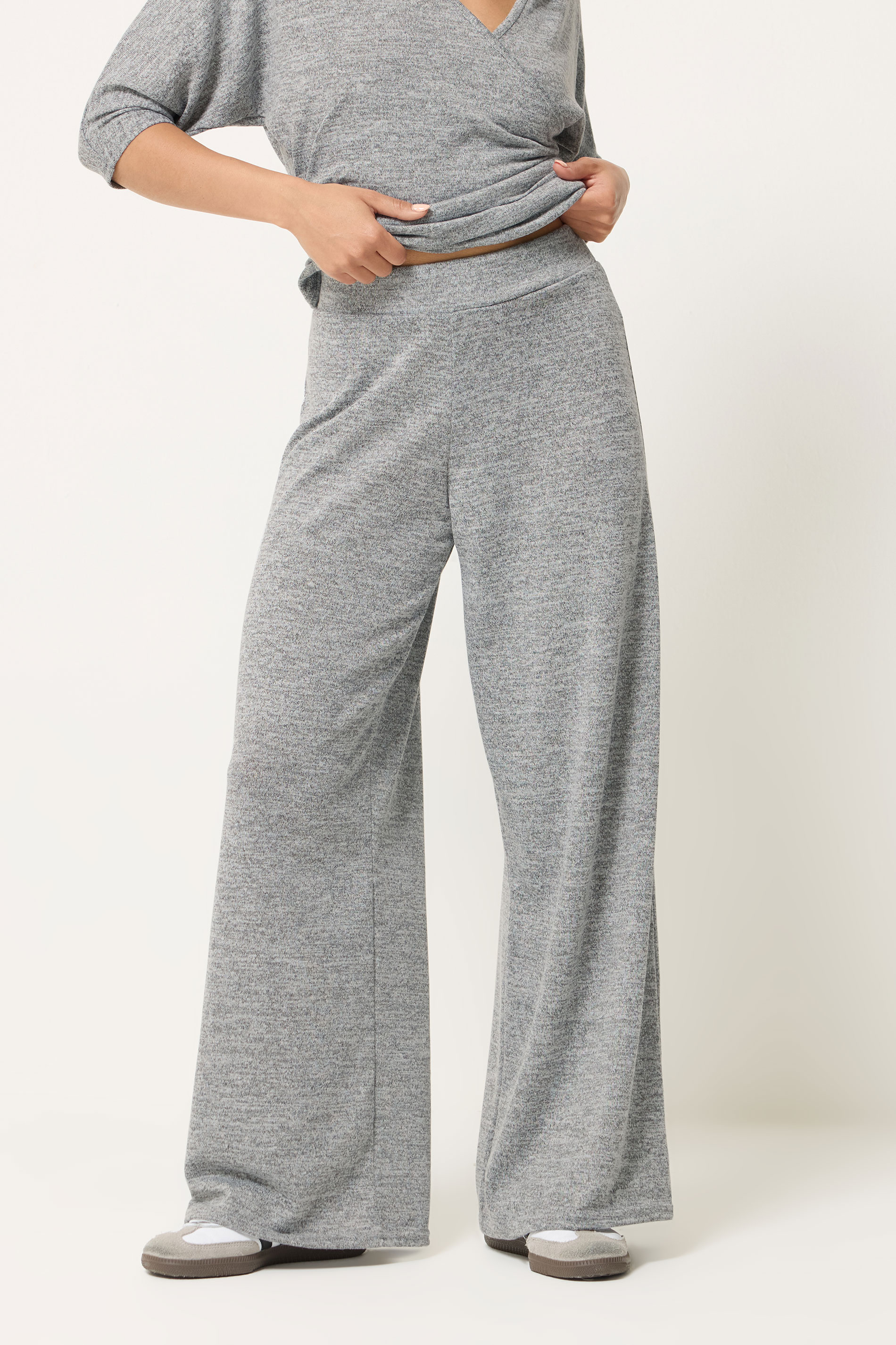 PixieGirl Petite Women's Set Grey Marl Wrap Top & Wide Leg Trousers | PixieGirl 5