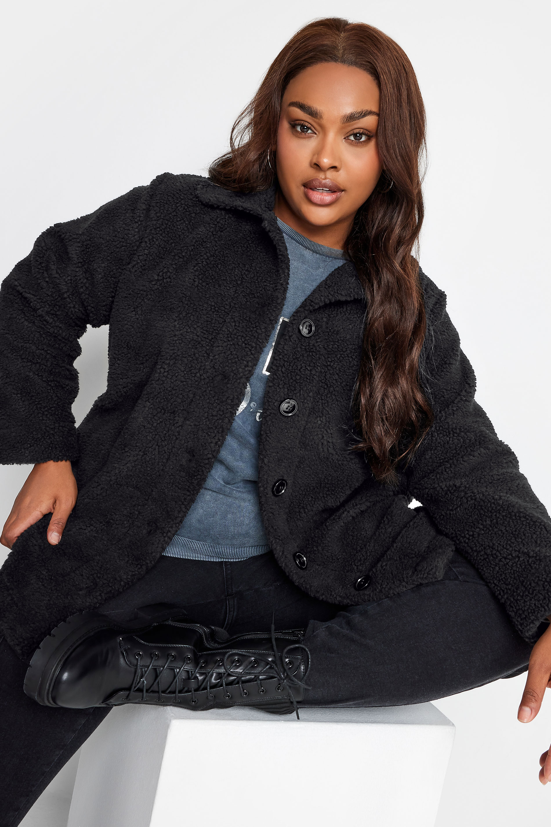 YOURS Plus Size Black Teddy Fleece Jacket | Yours Clothing 1