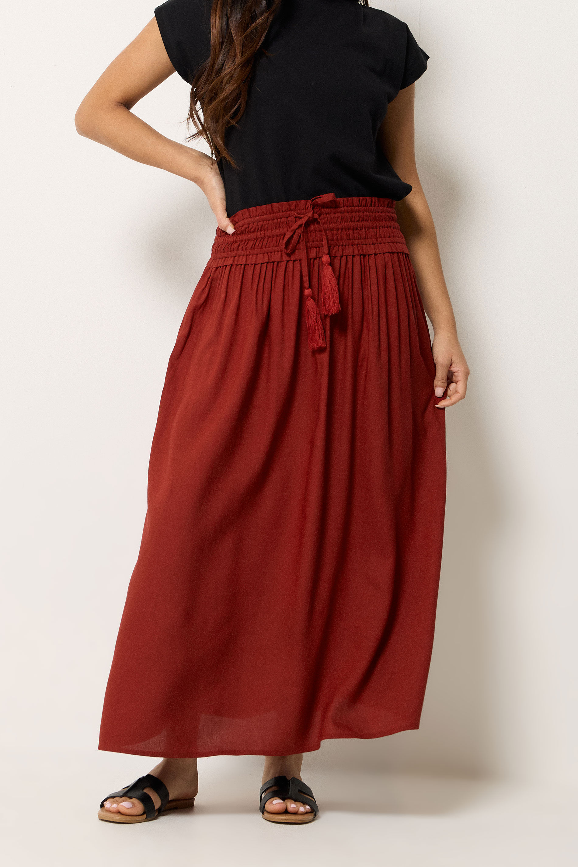 PixieGirl Petite Women's Burgundy Red Tie Waist Maxi Skirt | PixieGirl 2
