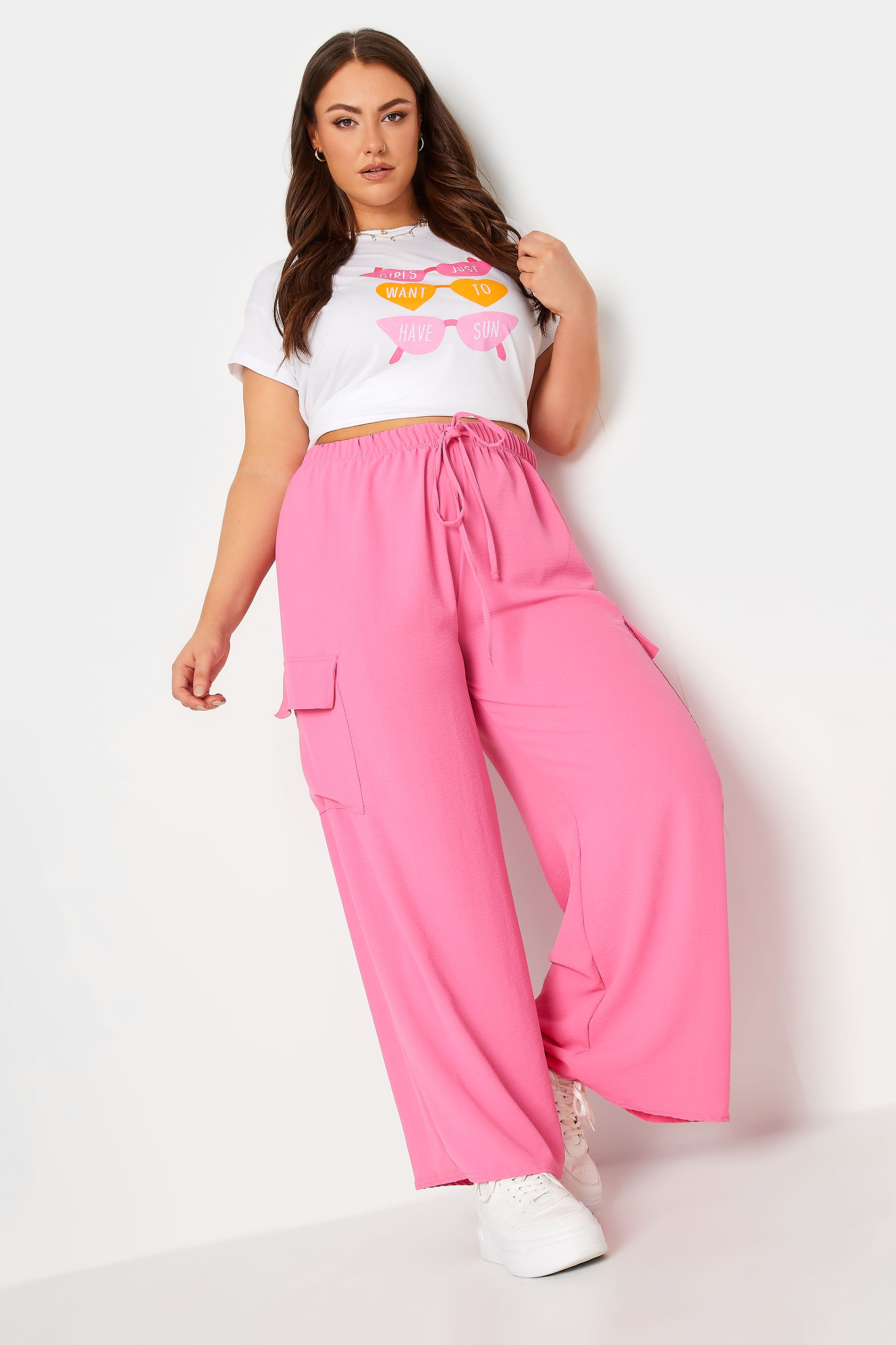 YOURS Plus Size Pink Wide Leg Crepe Cargo Trousers | Yours Clothing 2