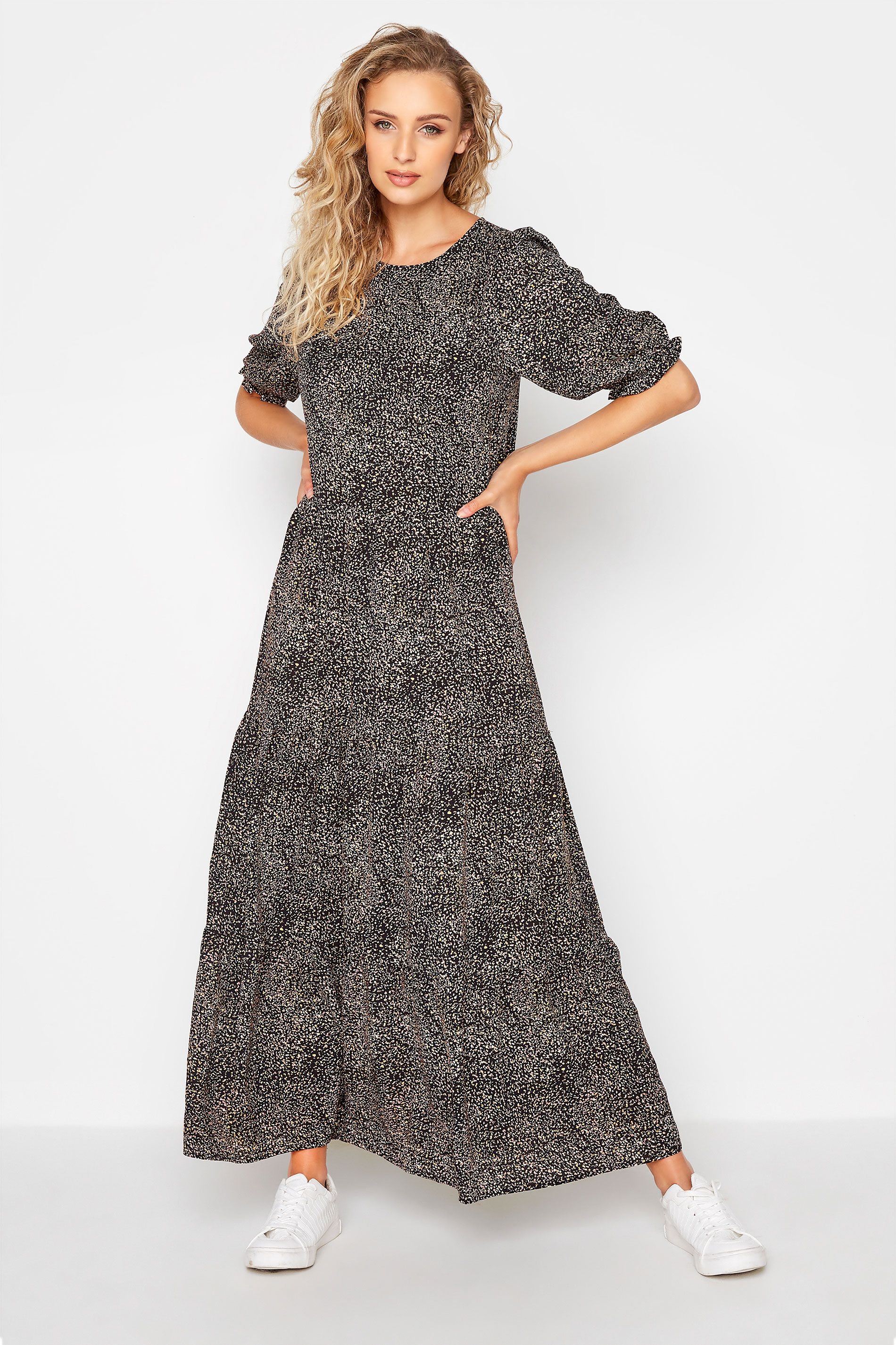 LTS Tall Black Speckled Tiered Midaxi Dress_A.jpg