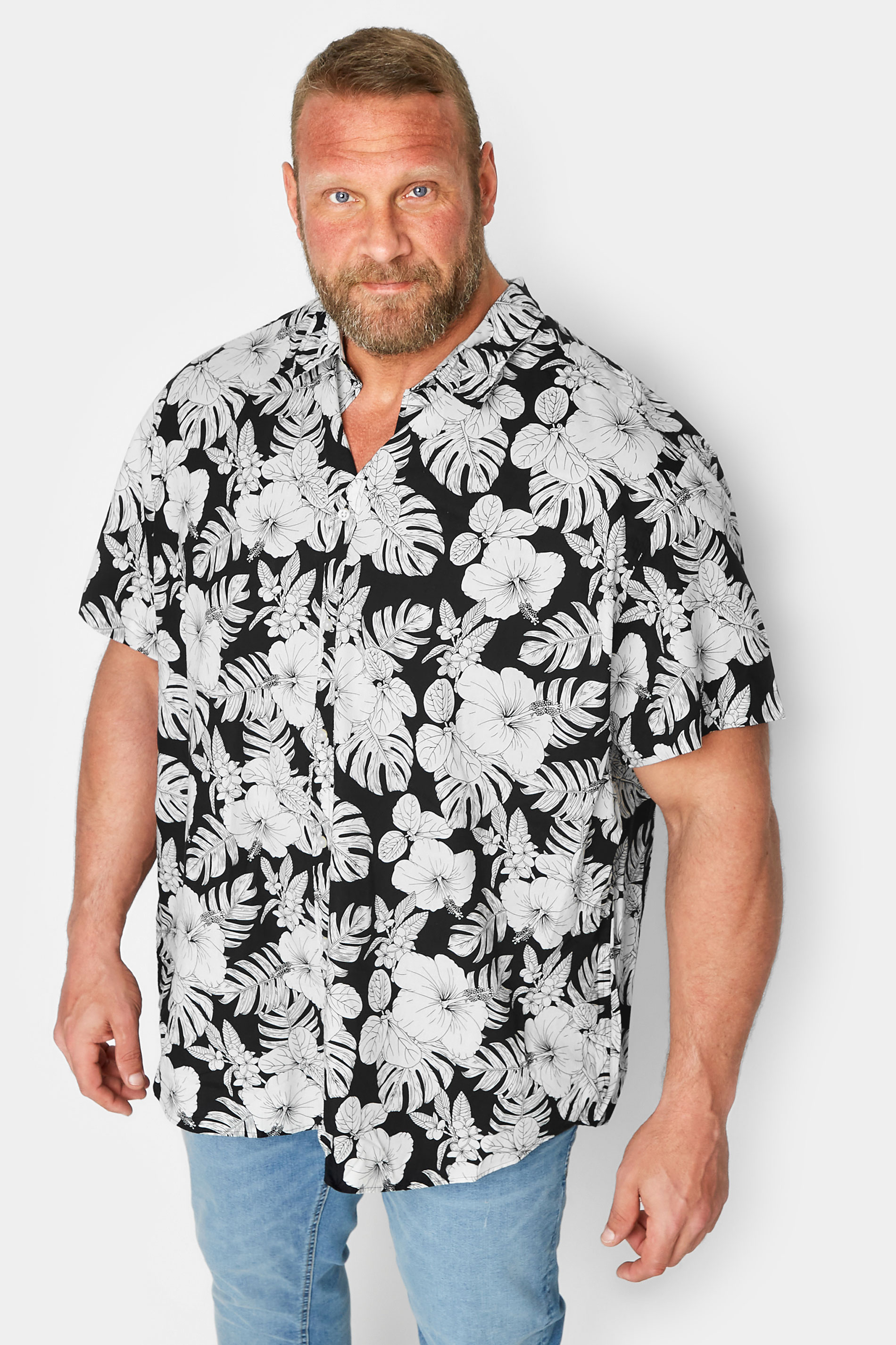 JACK & JONES Big & Tall Black Tropical Print Shirt | BadRhino 1