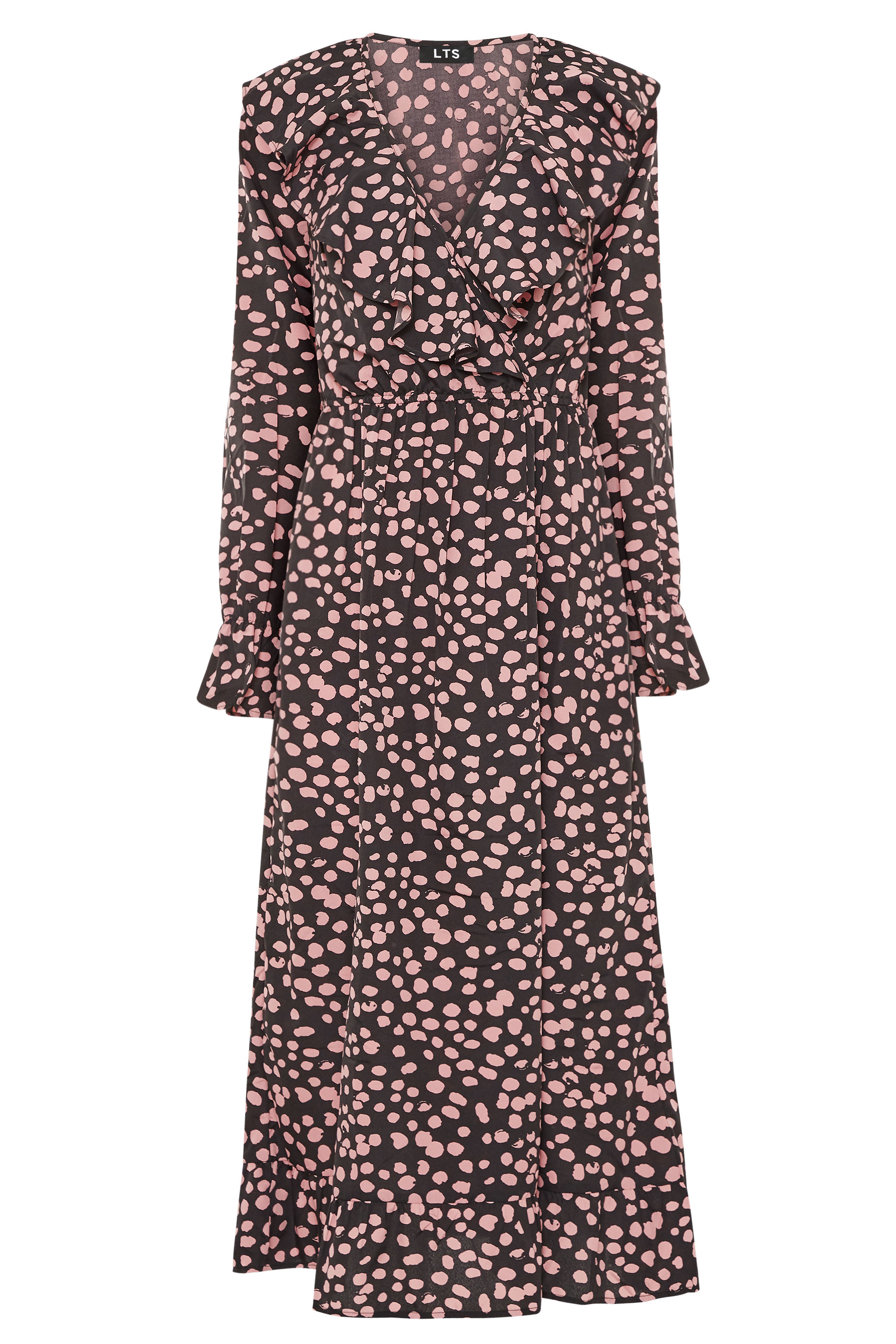 LTS Black & Pink Dalmatian Print Ruffle Midi Wrap Dress | Long Tall Sally