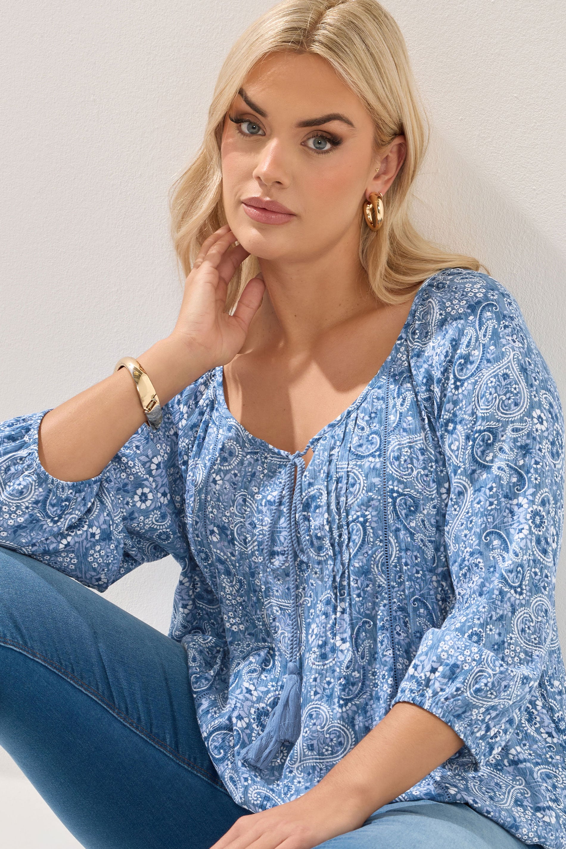YOURS Plus Size Blue Paisley Print Sequin Tie Neck Top | Yours Clothing 5
