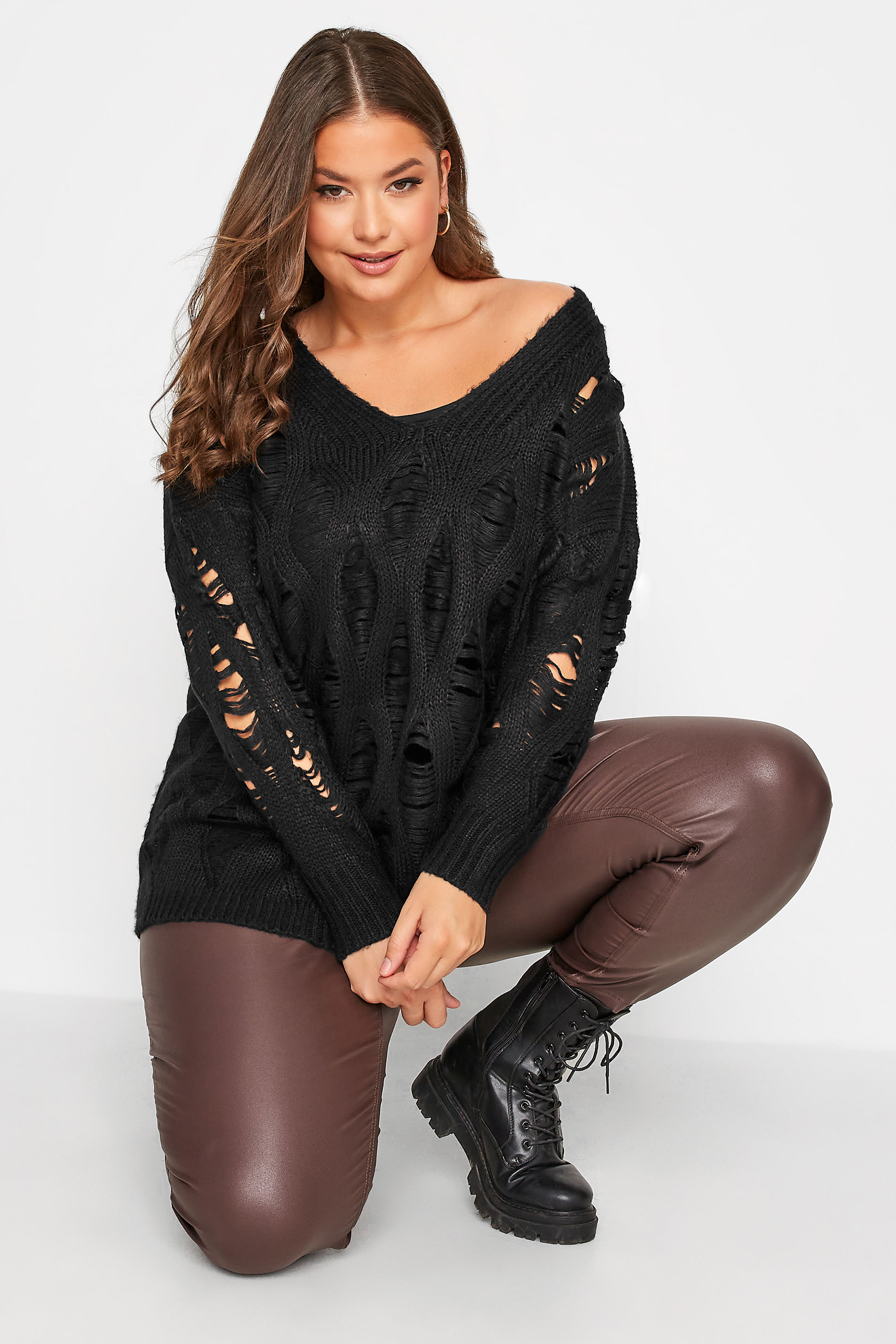 Plus Size Black Distressed V-Neck Knitted Jumper | Yours Clothing 1