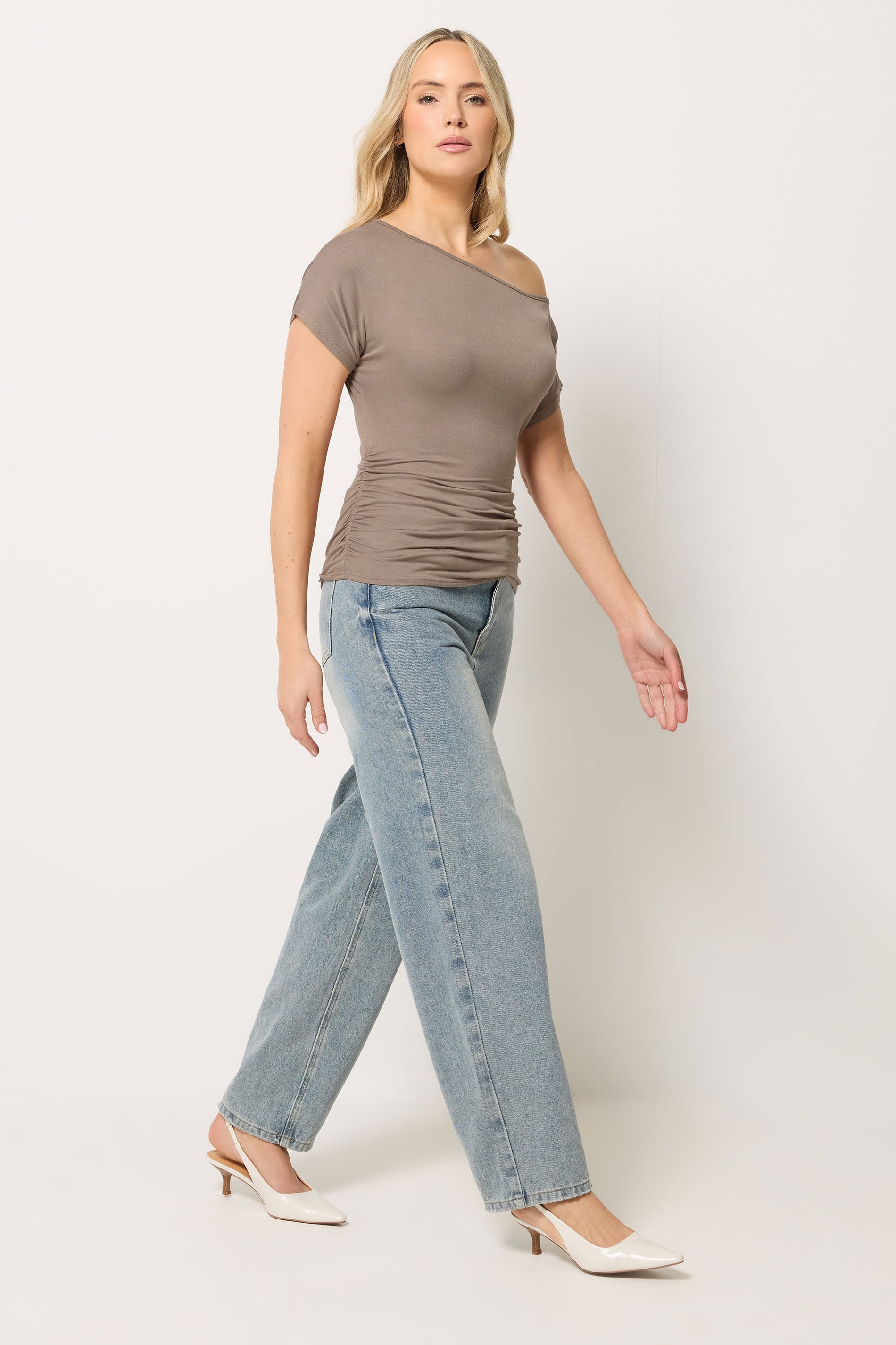 LTS Tall Women's Mocha Brown Off Shoulder Ruched Top | Long Tall Sally 1