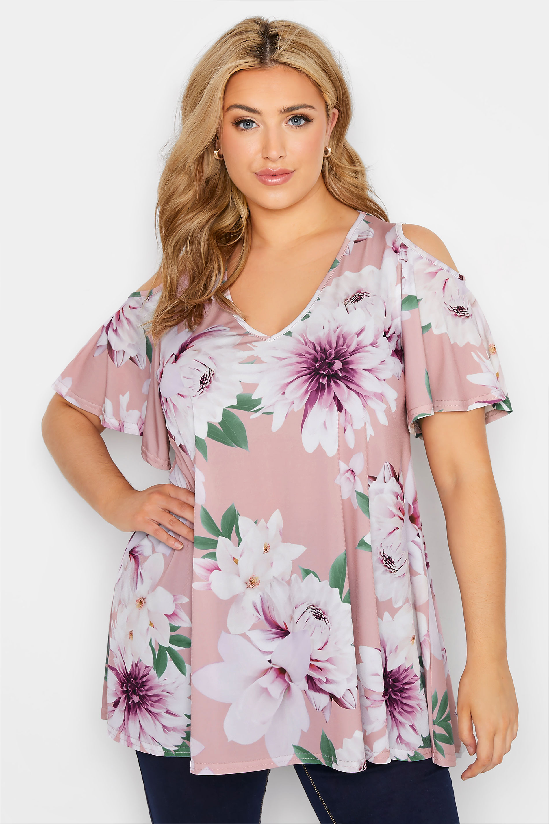 YOURS LONDON Plus Size Blue Floral Print Cold Shoulder Swing Top | Yours Clothing 1