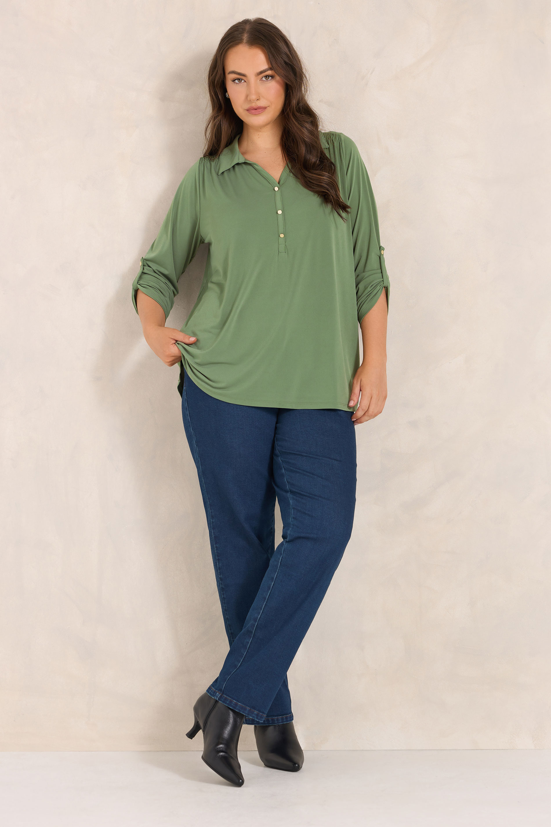 EVANS Plus Size Khaki Green Long Sleeve Blouse | Evans  1