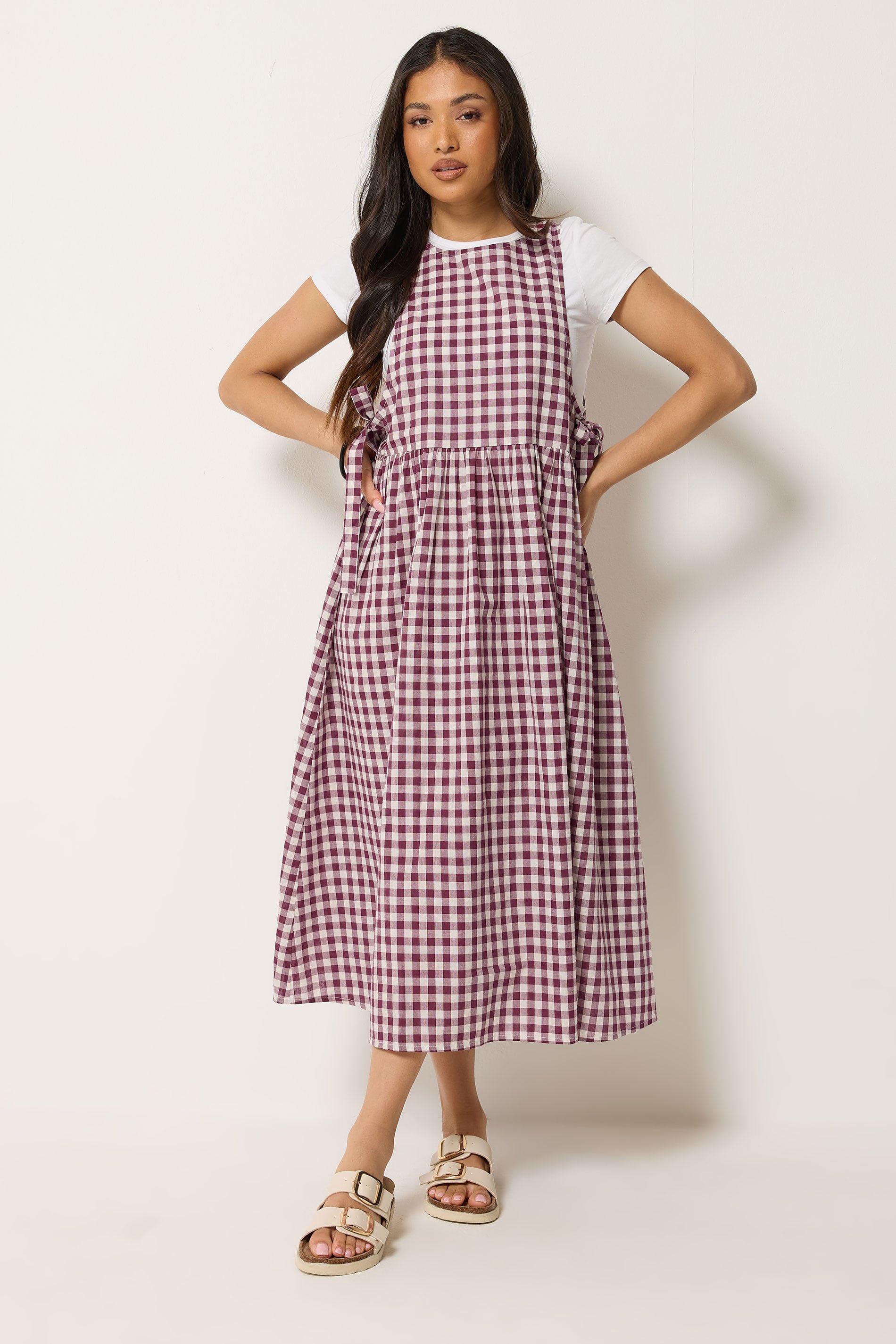PixieGirl Petite Women's Plum Purple Gingham Cotton Tie Side Pinafore Dress | PixieGirl 3