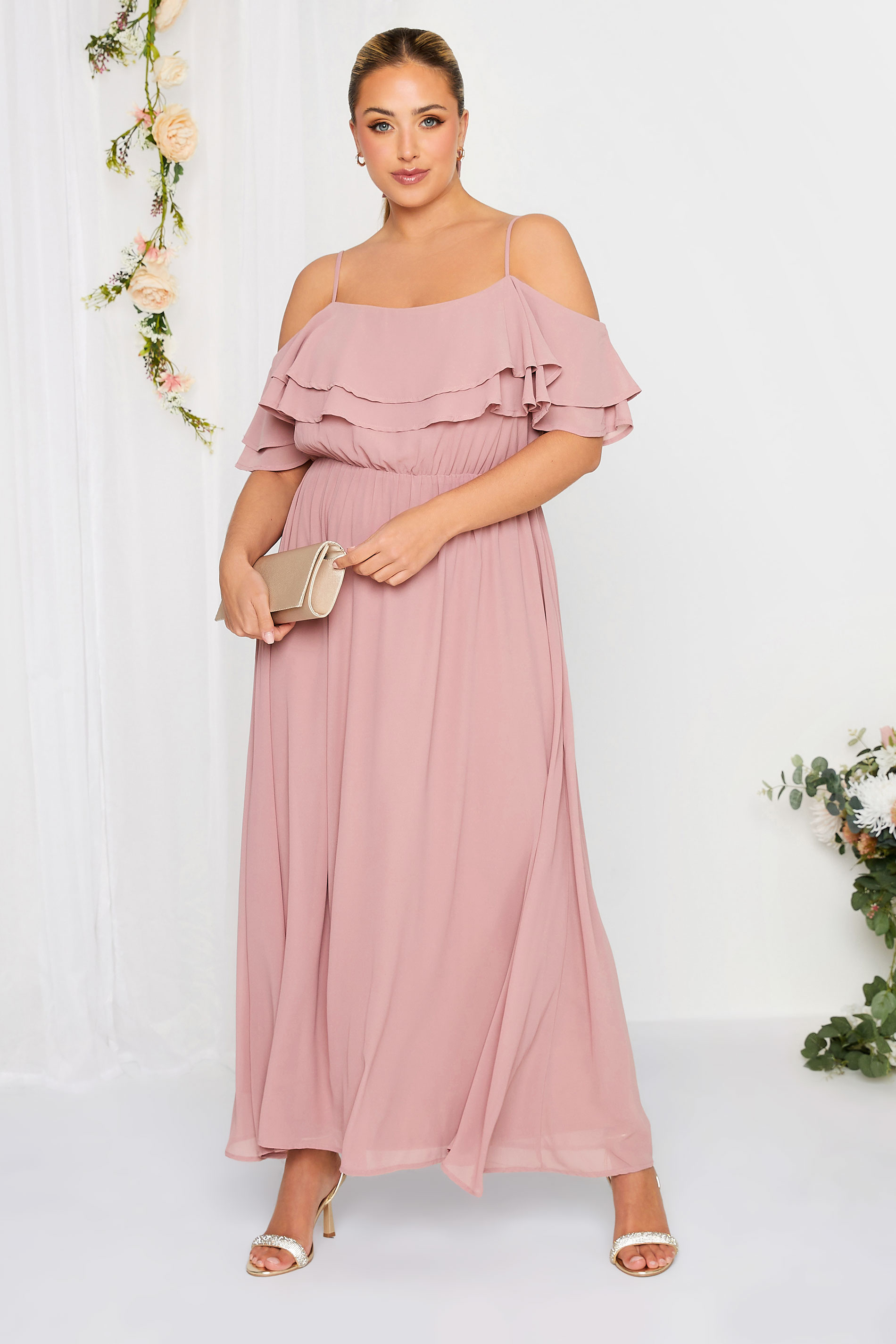 YOURS LONDON Plus Size Pink Bardot Ruffle Maxi Dress | Yours Clothing 1
