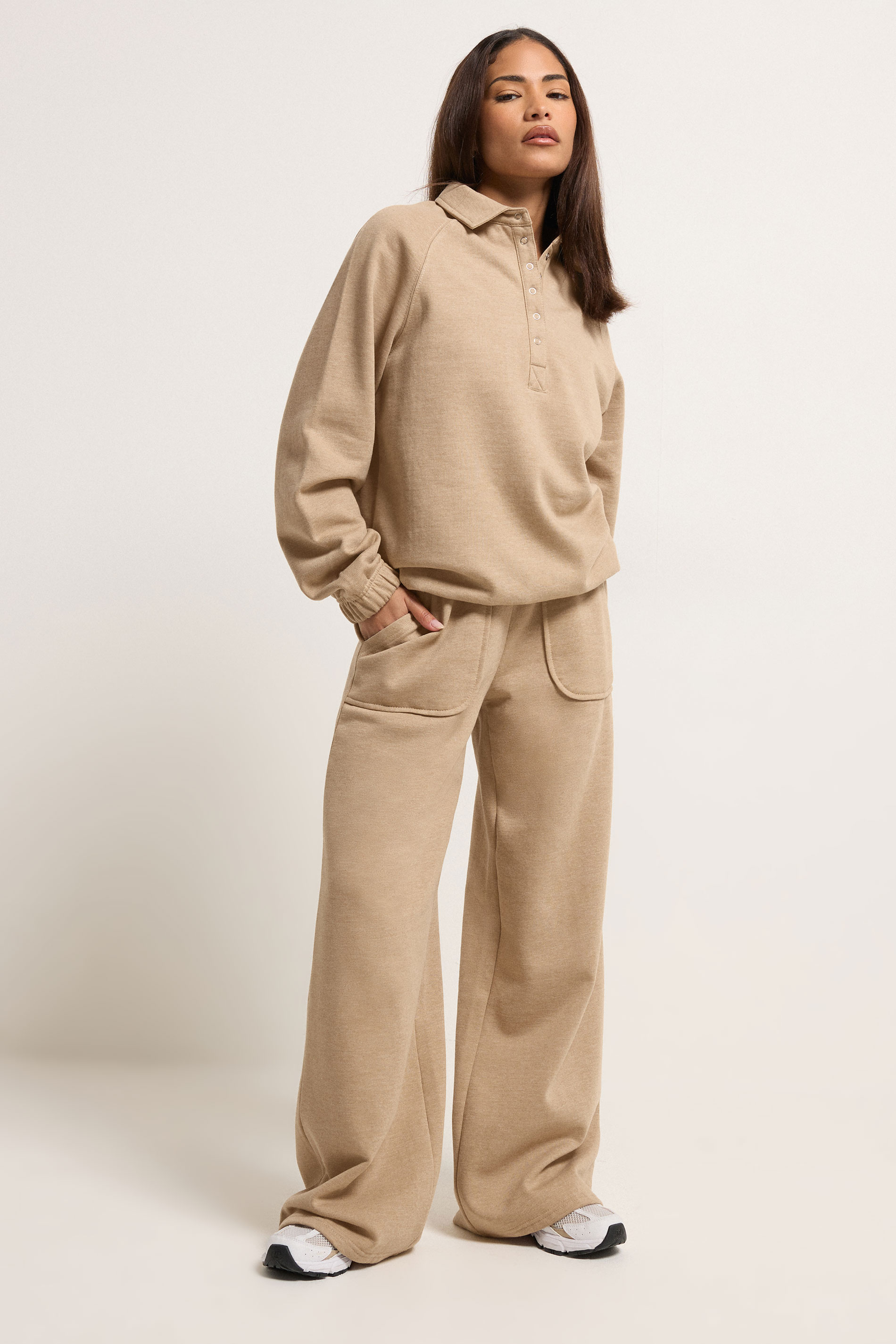 PixieGirl Petite Women's Natural Brown Button Collar Sweatshirt | PixieGirl 4