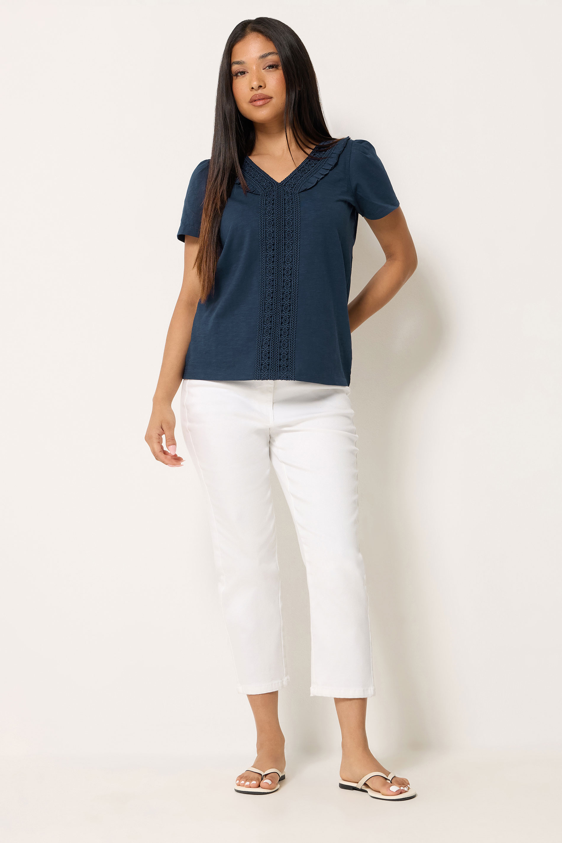 M&Co Petite Navy Blue Short Sleeve Frill Cotton Blouse | M&Co 1