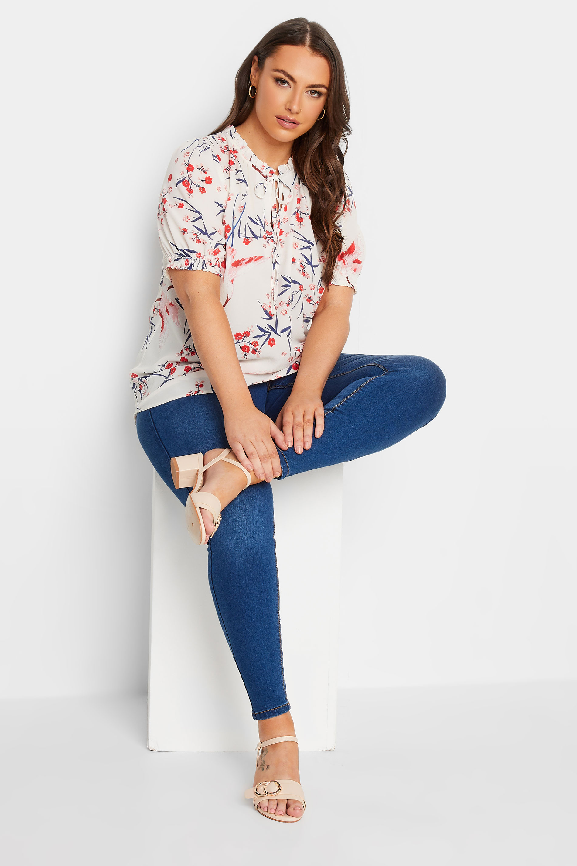 YOURS Plus Size Cream Floral Print Tie Neck Blouse | Yours Clothing 2