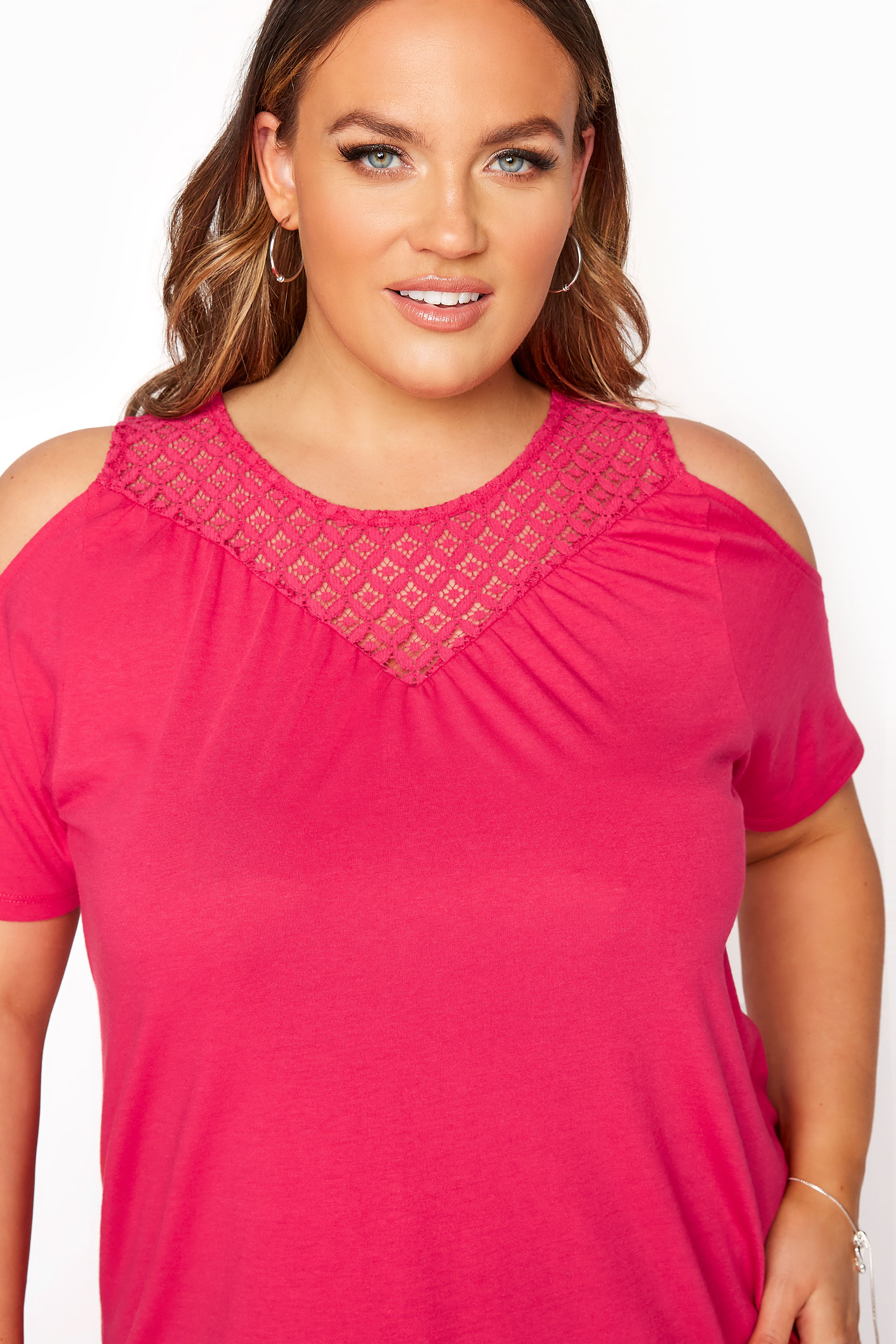 Hot Pink Lace Cold Shoulder Top | Yours Clothing
