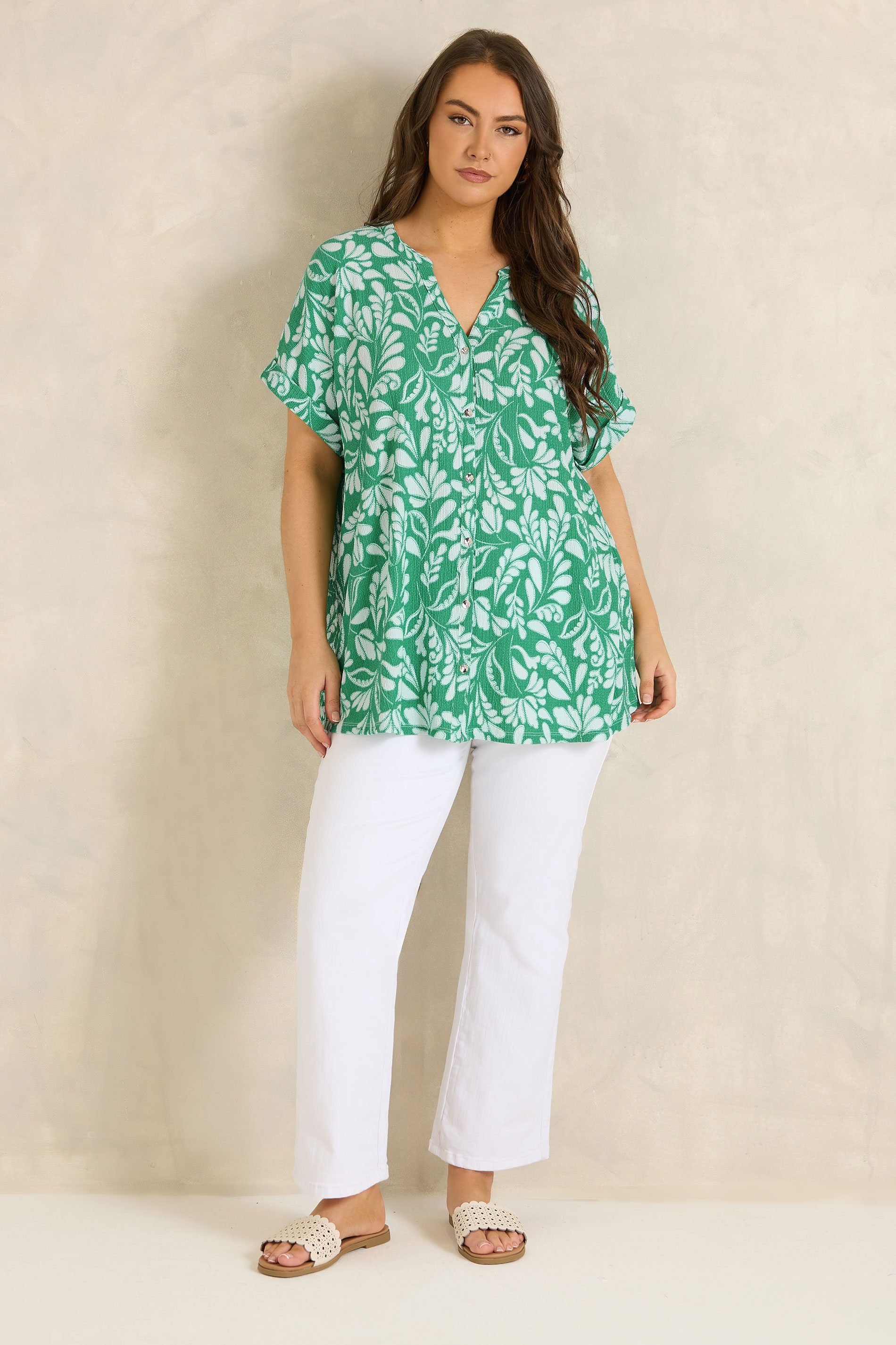 EVANS Plus Size Green Leaf Print Notch Neck Top | Evans  1