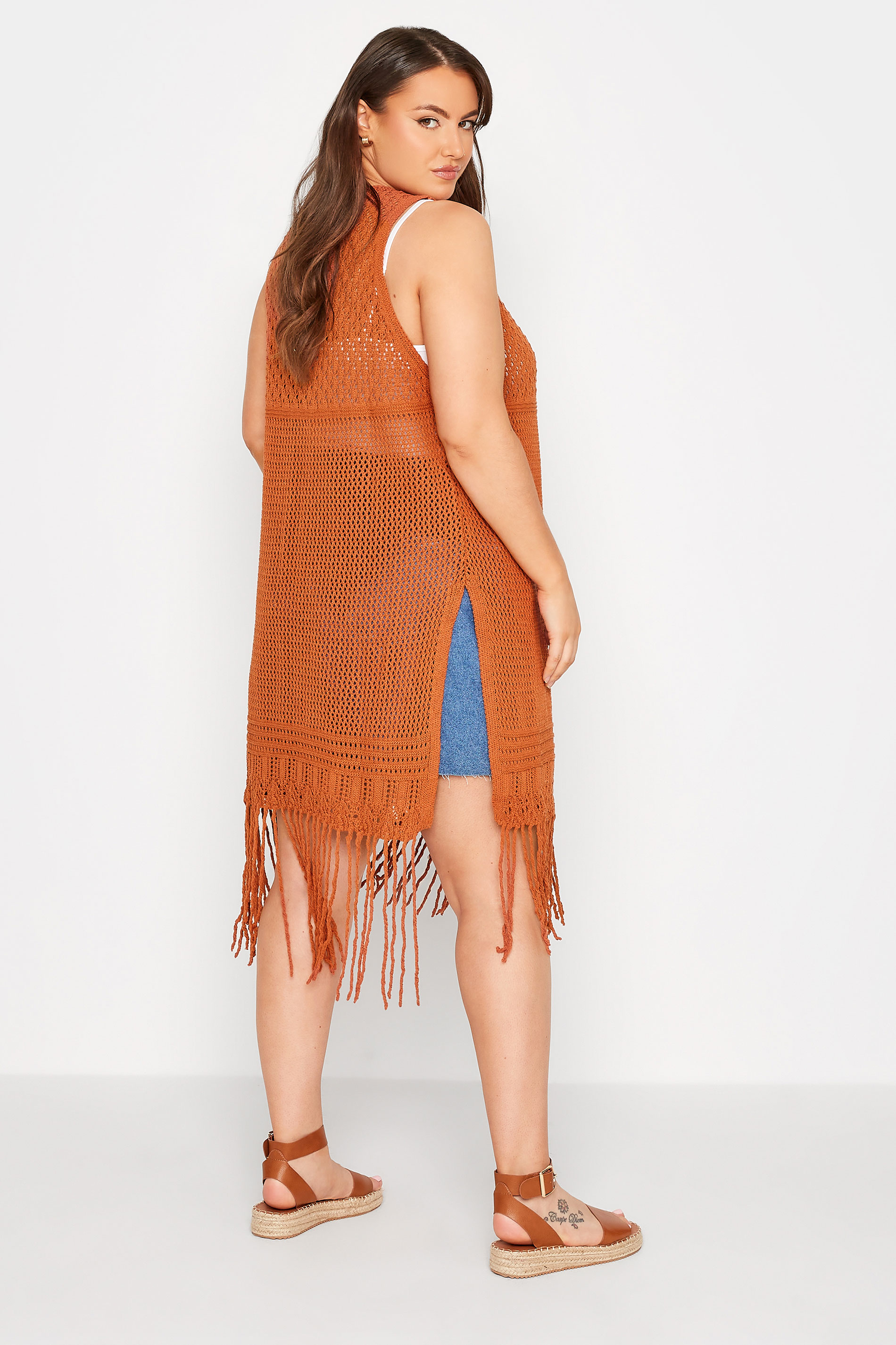 Plus Size Brown Crochet Sleeveless Maxi Cardigan | Yours Clothing  3
