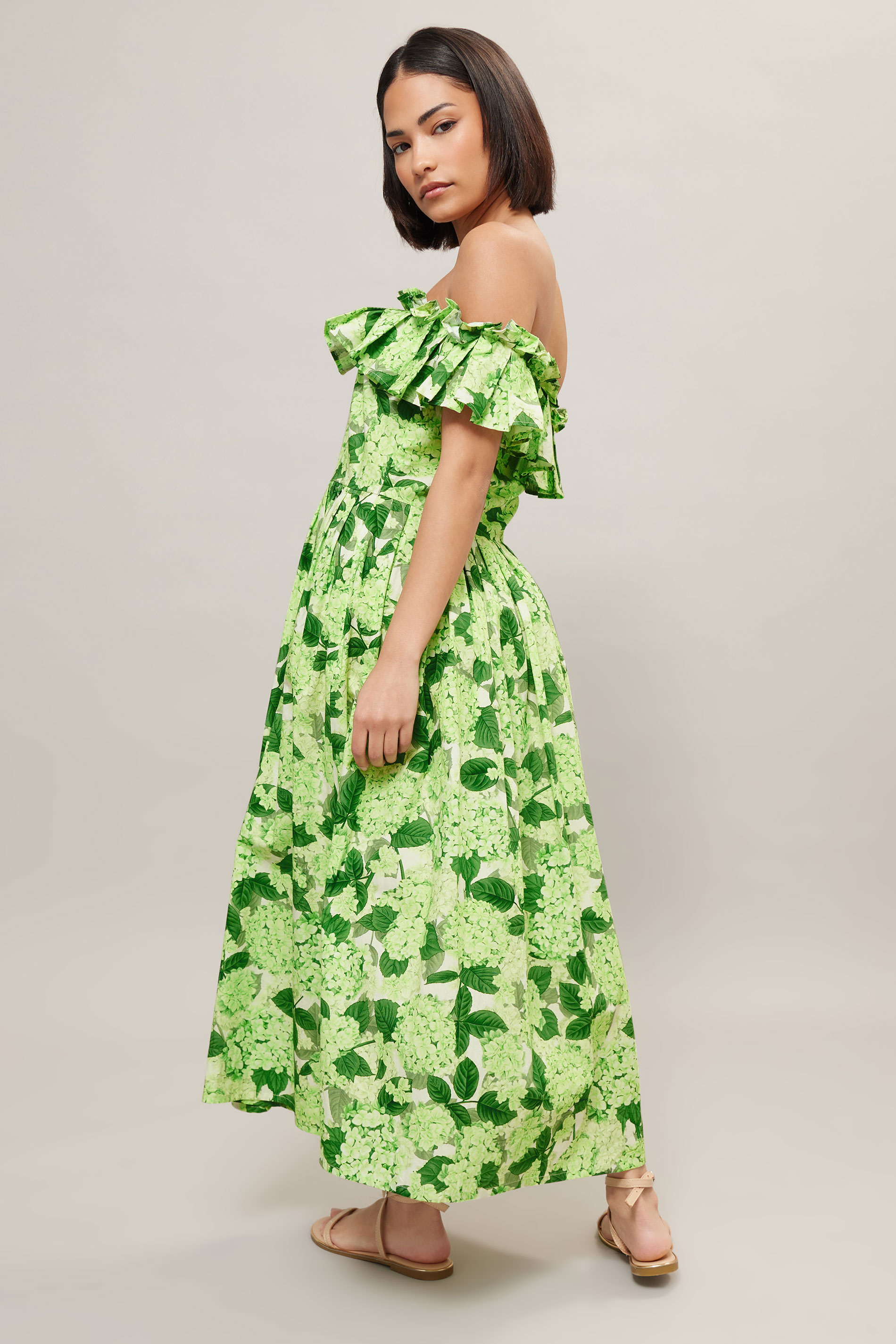 PixieGirl Petite Women's Green Floral Ruffle Cotton Bardot Midi Dress | PixieGirl 4