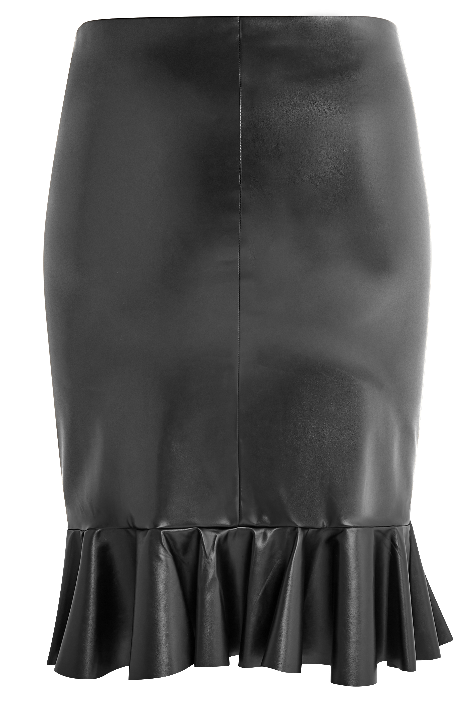 YOURS LONDON Plus Size Black Ruffle Hem Leather Look Skirt | Yours Clothing