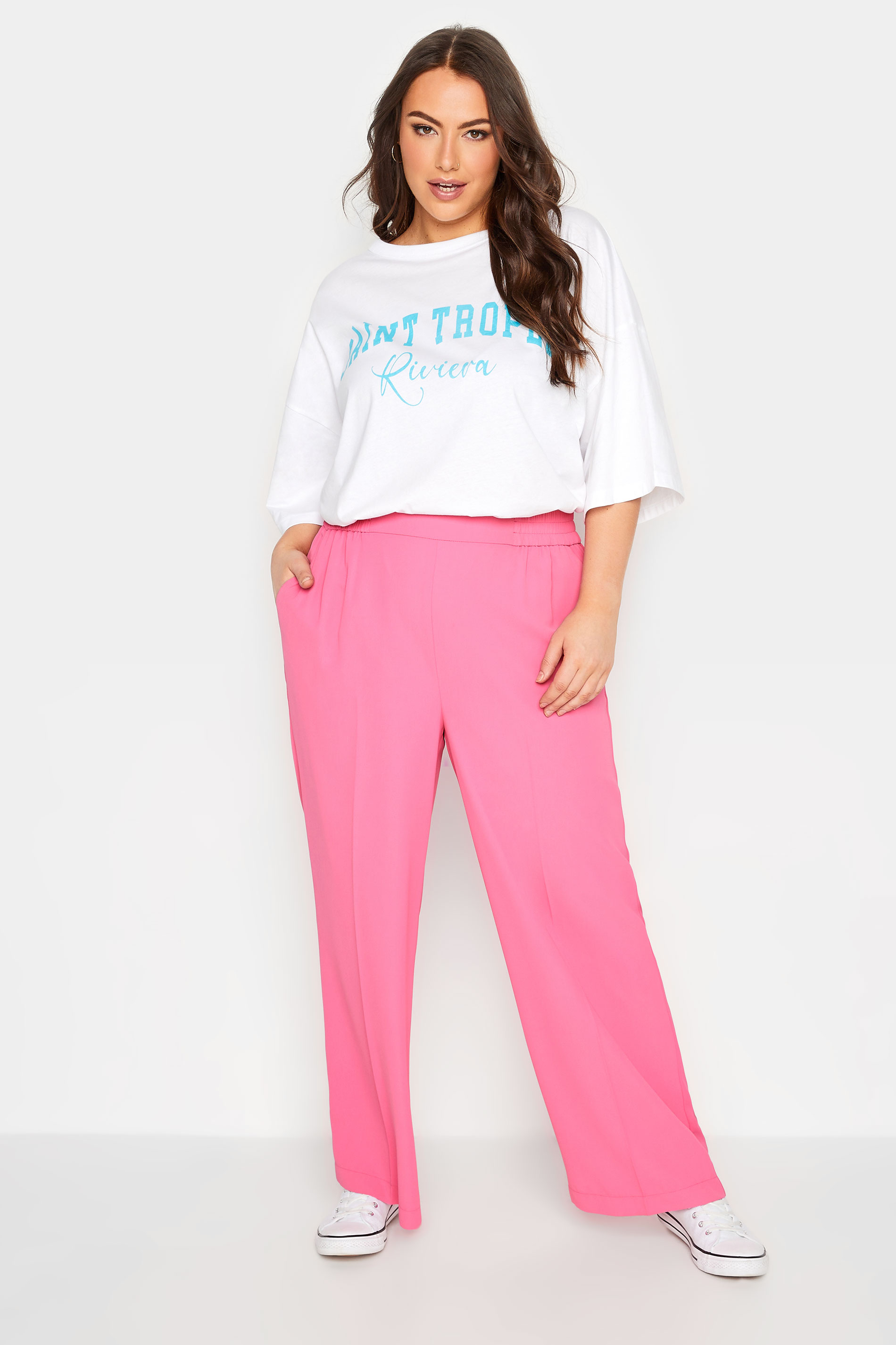 YOURS Plus Size Pink Elasticated Waist Pull-On Wide Leg Trousers | Yours Clothing 2
