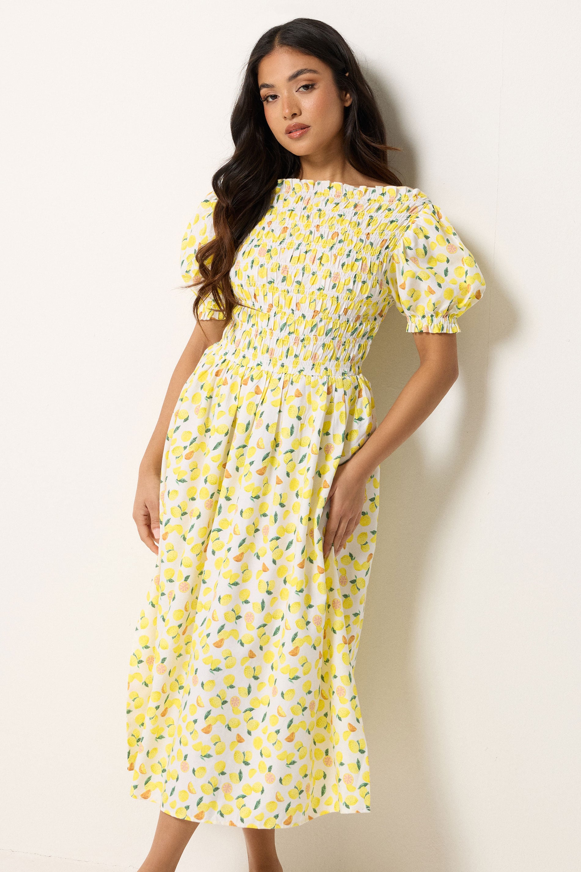 PixieGirl Petite Women's Yellow Lemon Shirred Midi Dress | PixieGirl 3