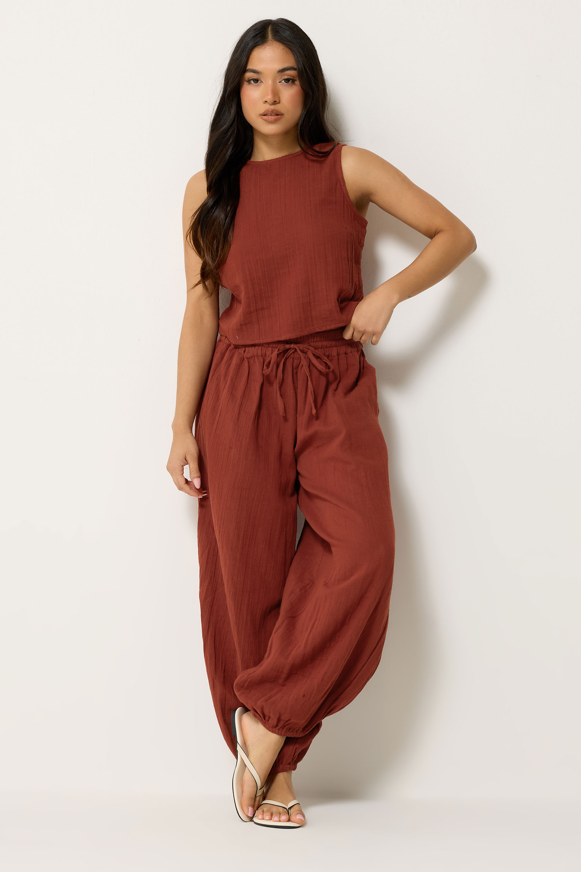 PixieGirl Petite Women's Set Brick Red Cotton Cheesecloth Top & Balloon Trousers | PixieGirl 1