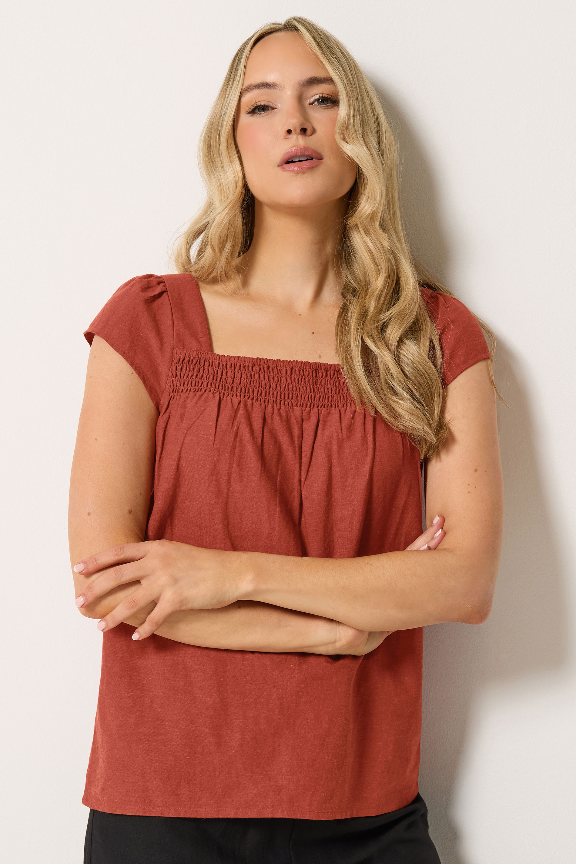LTS Tall Women's Rust Orange Square Neck Linen Blouse | Long Tall Sally 3