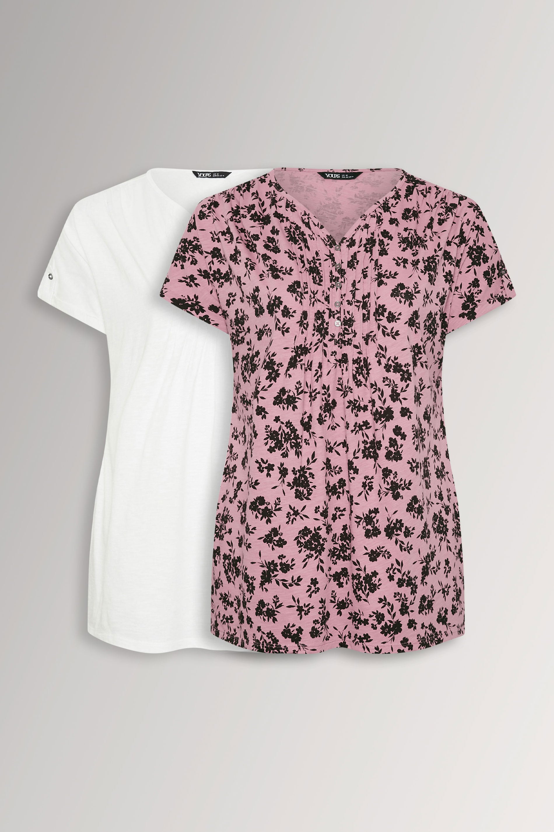 YOURS Plus Size 2 PACK Pink & White Ditsy Floral Pintuck Henley Tops | Yours Clothing 3