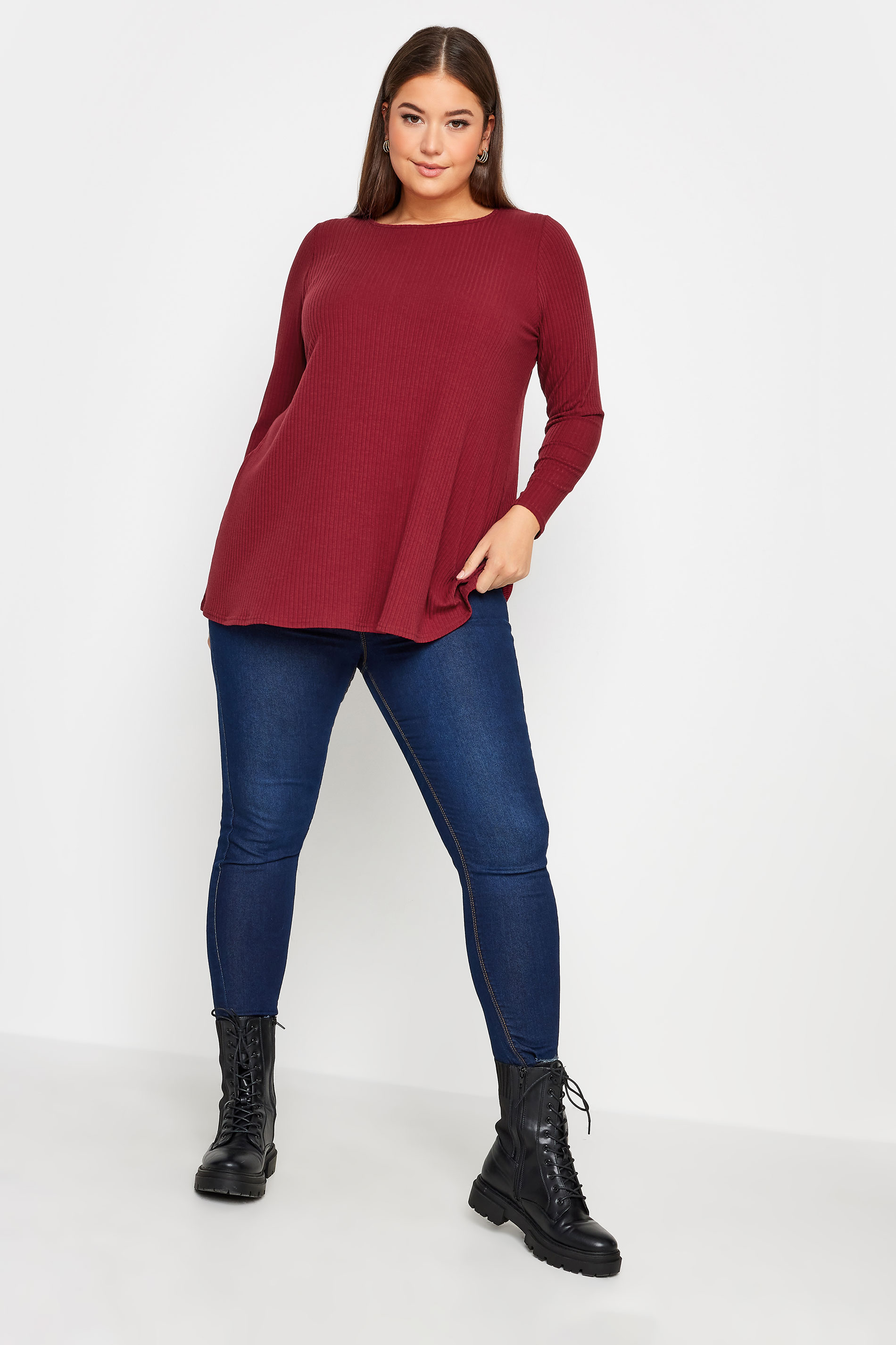 YOURS Plus Size Red Long Sleeve Ribbed Swing Top | Yours Clothing 2