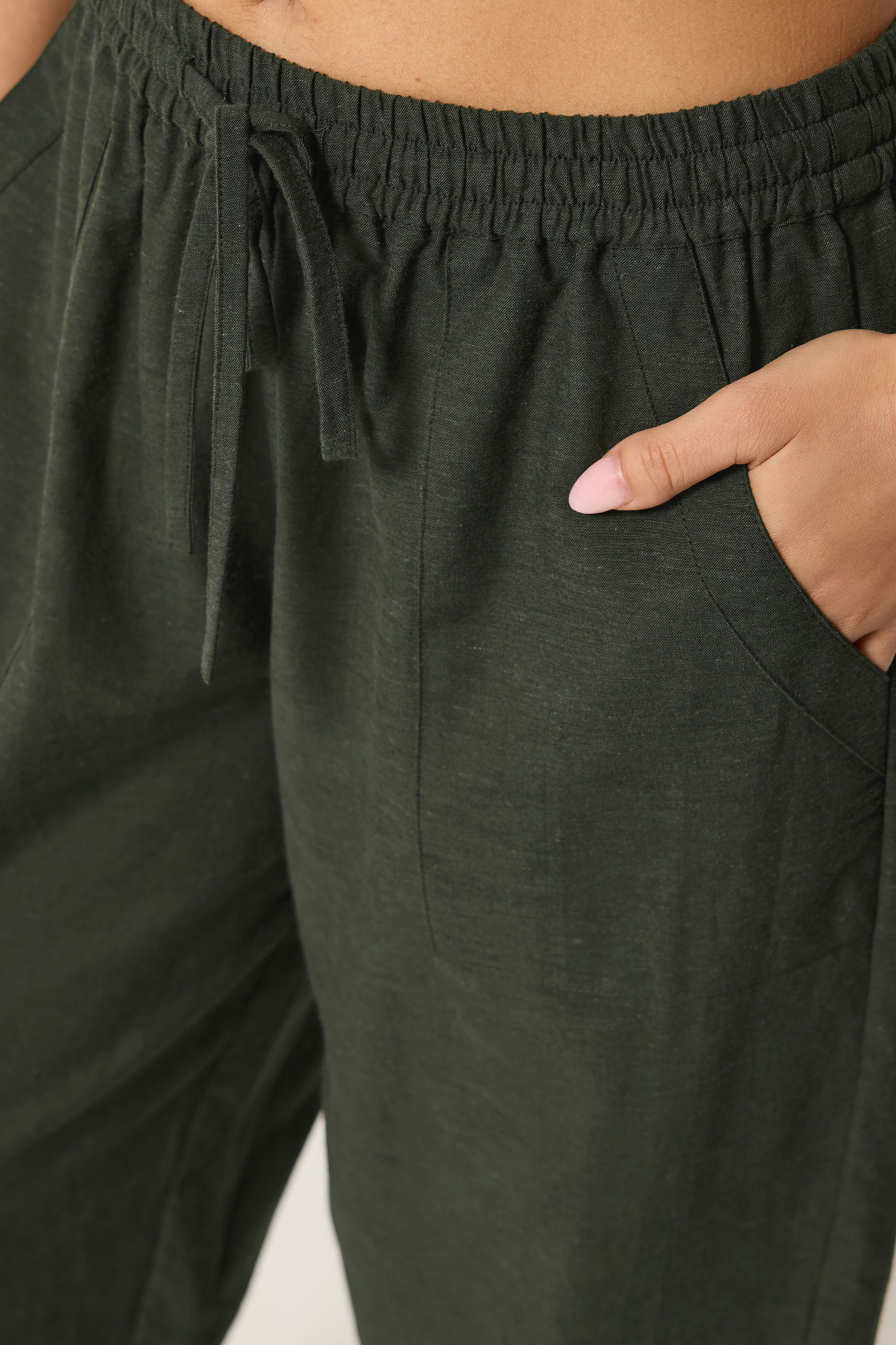 PixieGirl Petite Women's Olive Green Linen Barrel Trousers | PixieGirl 4