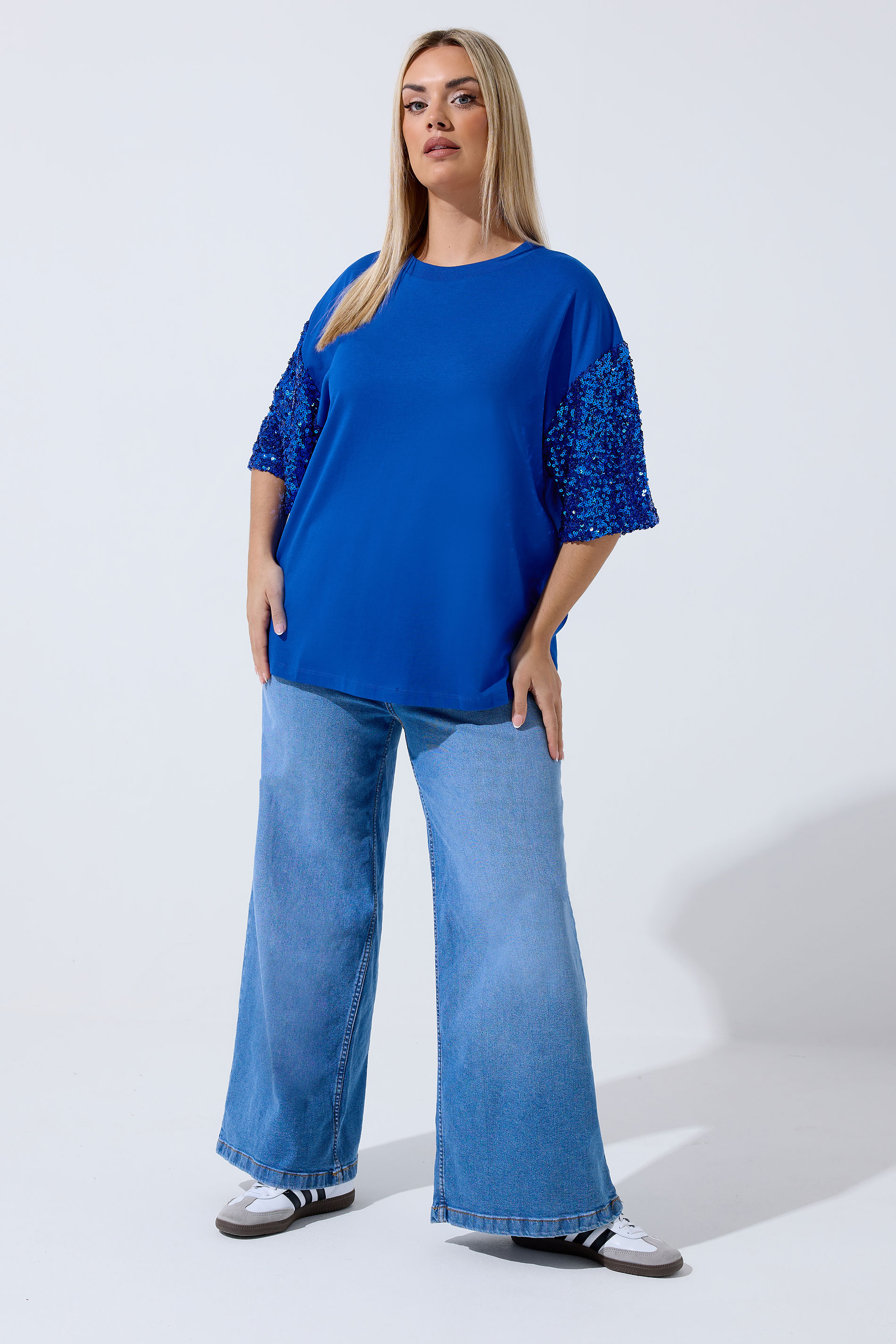 LIMITED COLLECTION Plus Size Cobalt Blue Sequin Sleeve T-Shirt | Yours Clothing 1