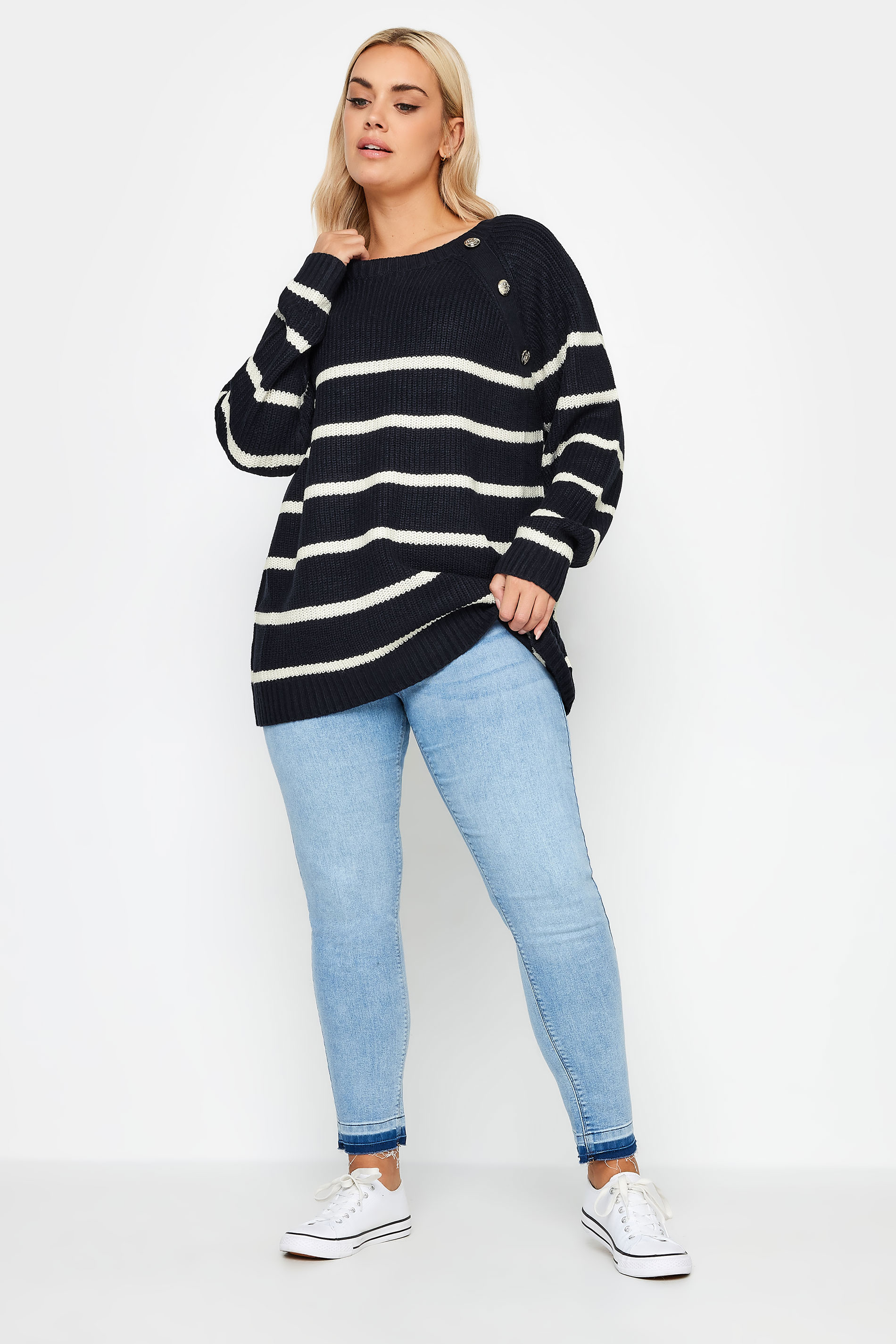 YOURS Plus Size Navy Blue Stripe Button Detail Jumper | Yours Clothing 2