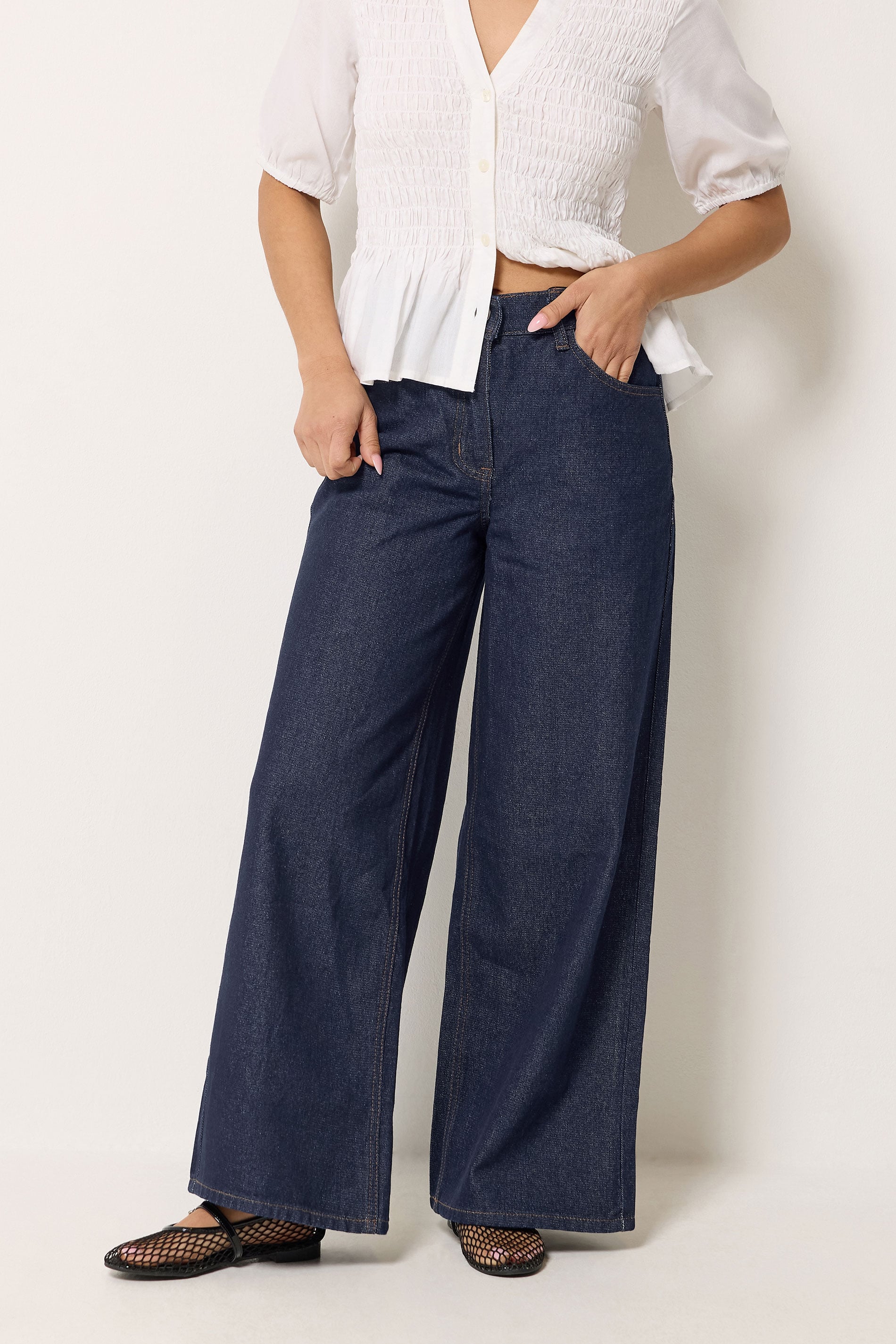 PixieGirl Petite Women's Indigo Blue Elasticated Cotton Wide Leg Jeans | PixieGirl 1