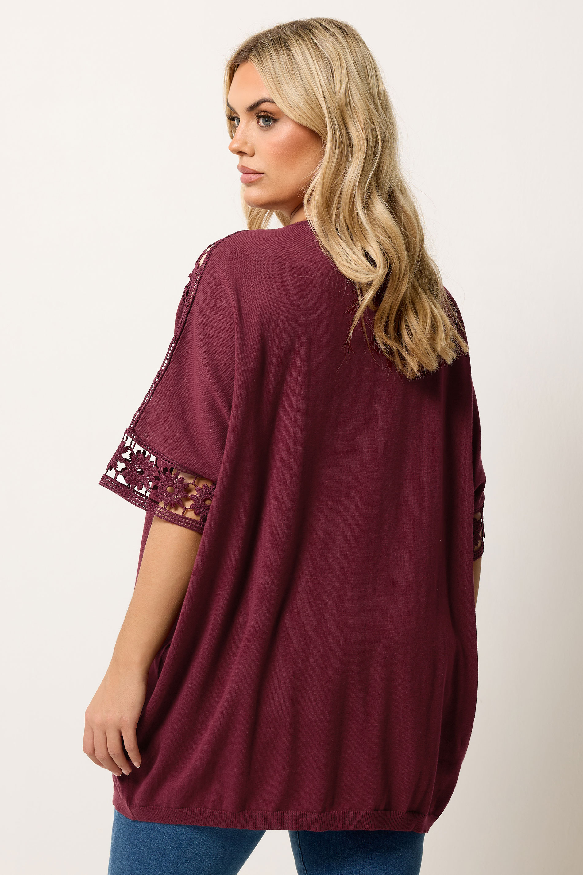 YOURS Plus Size Burgundy Red Crochet Sleeve Kimono | Yours Clothing 2