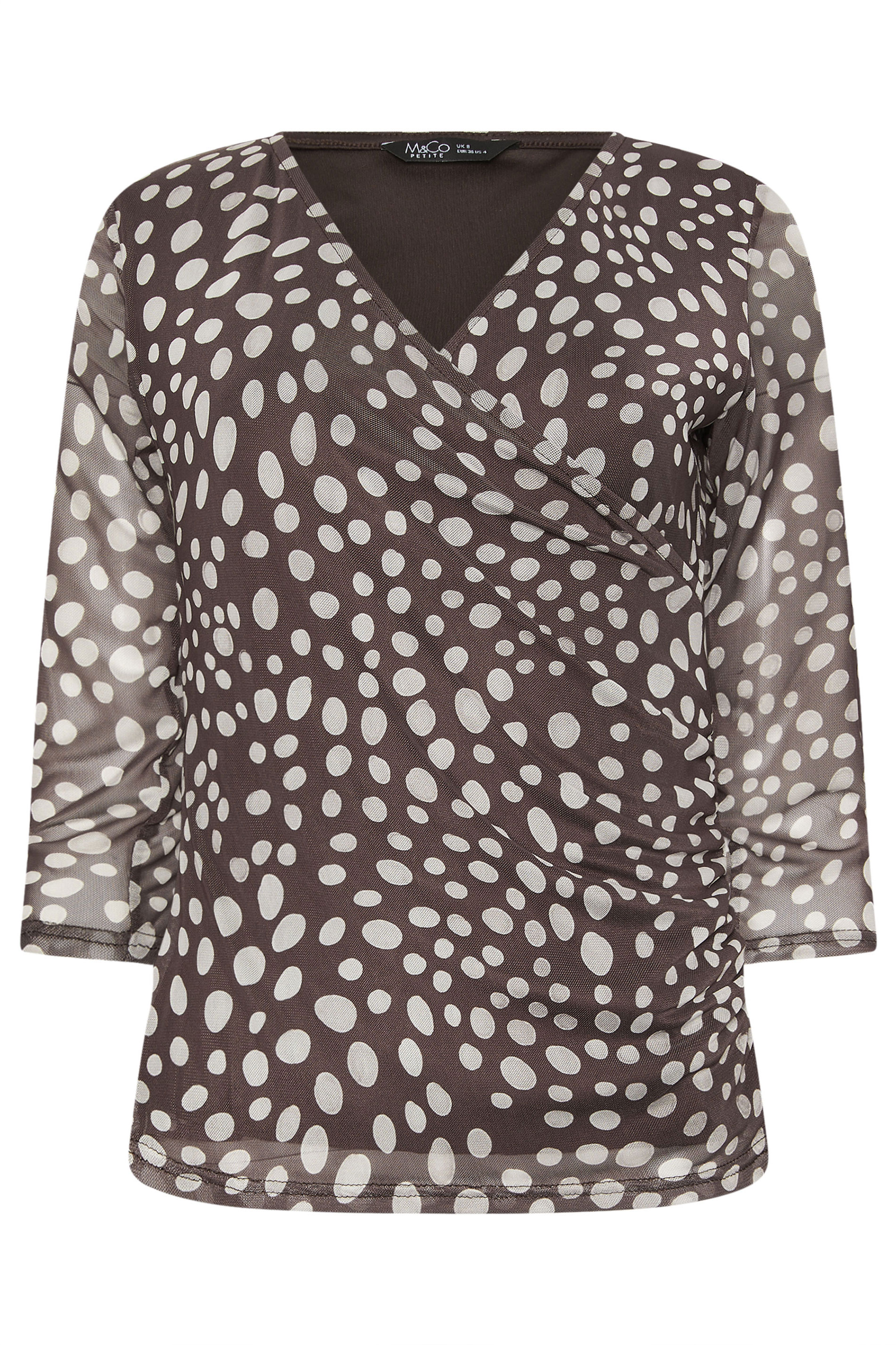 M&Co Petite Chocolate Brown Polka Dot Mesh Sleeve Wrap Top | M&Co 5