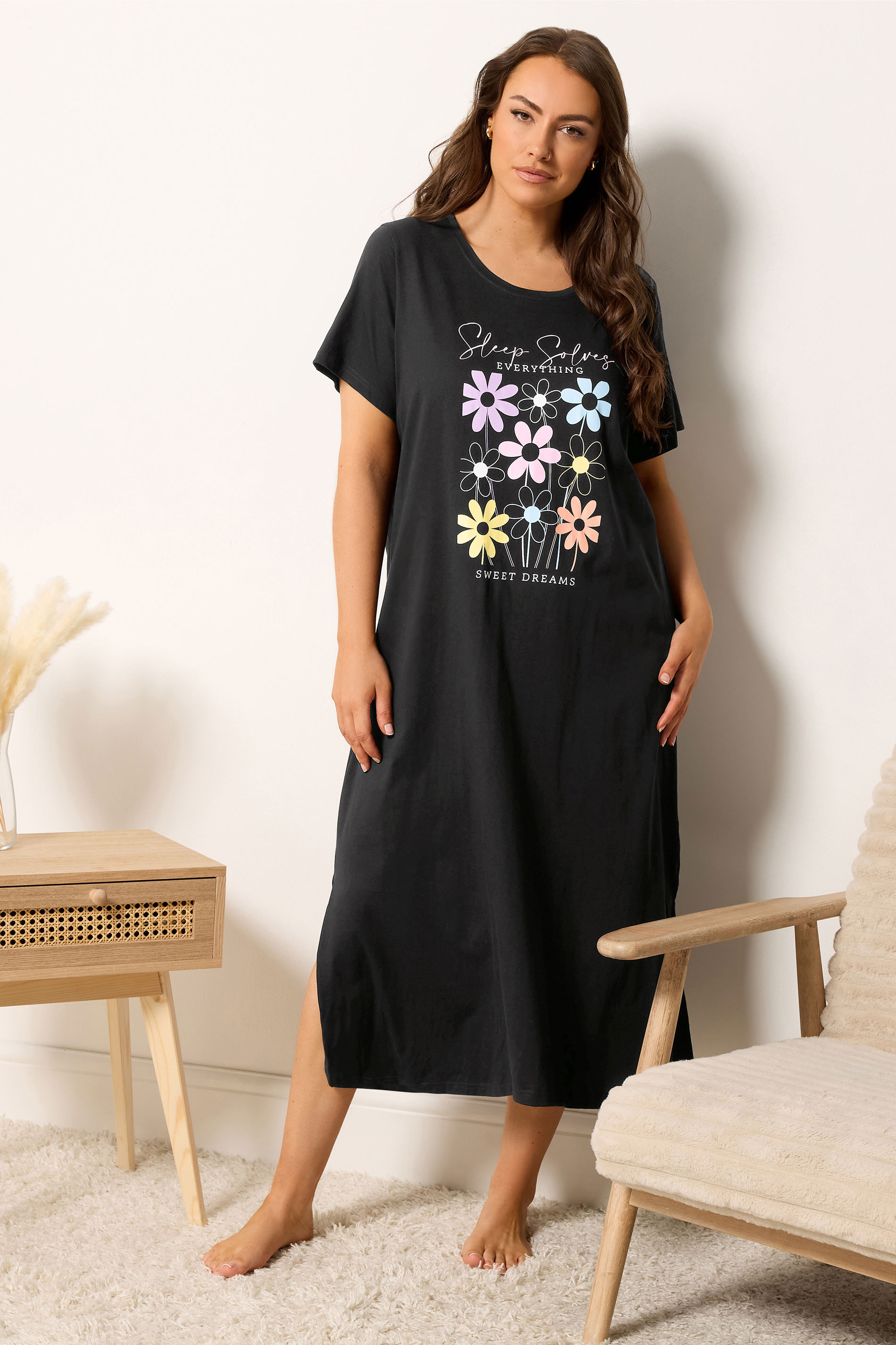 YOURS Plus Size 2 PACK Black 'Sleep Solves Everything'  Floral Midaxi Nightdresses | Yours Clothing 1
