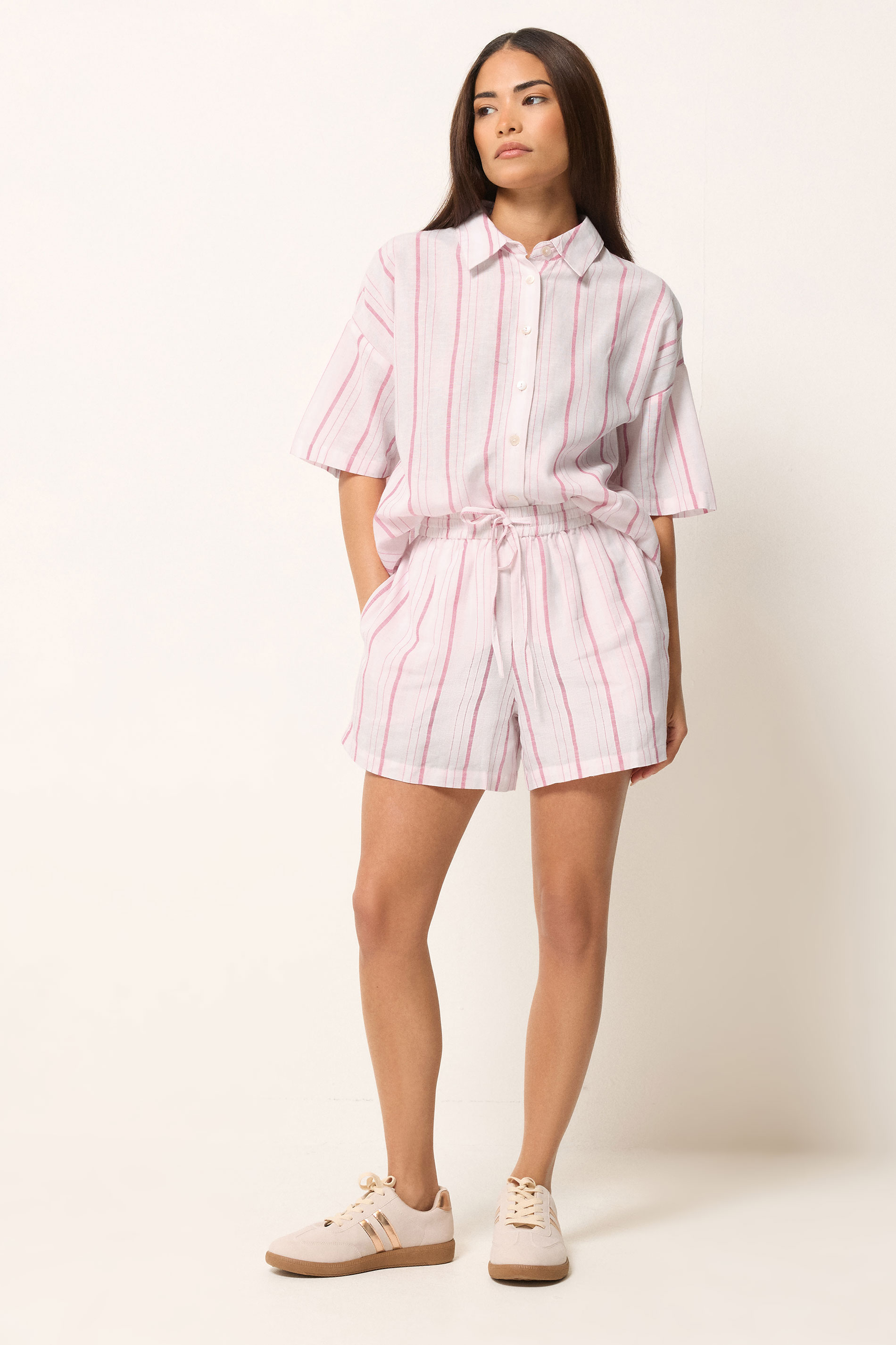 PixieGirl Petite Women's Pink Stripe Linen Shorts | PixieGirl 2