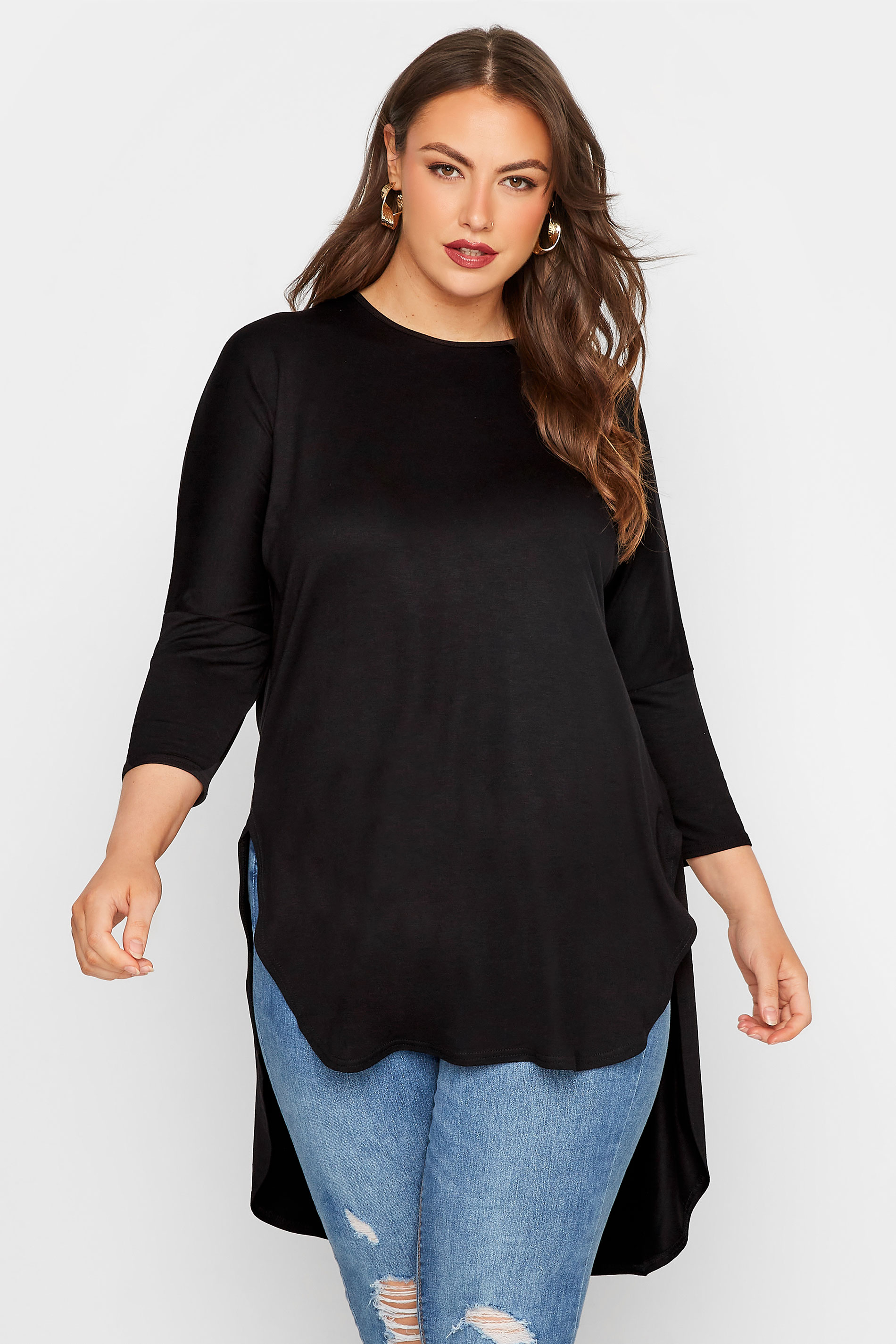 Grande taille  Tops Grande taille  Tops Ourlet Plongeant | LIMITED COLLECTION - T-Shirt Noir Manches Longues Ourlet Plongeant - QF14236