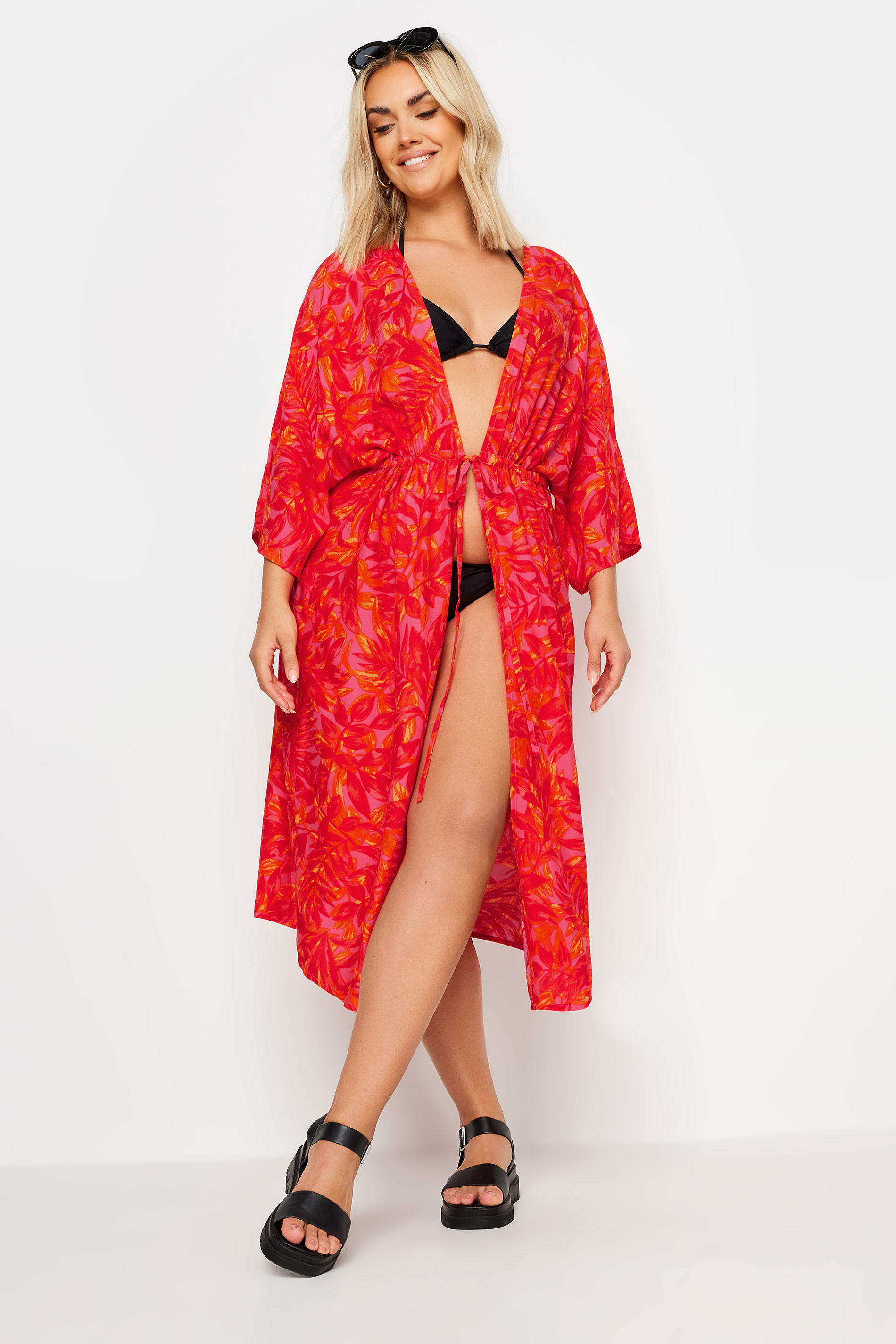 LIMITED COLLECTION Plus Size Pink Leaf Print Midi Kimono | Yours Clothing 2