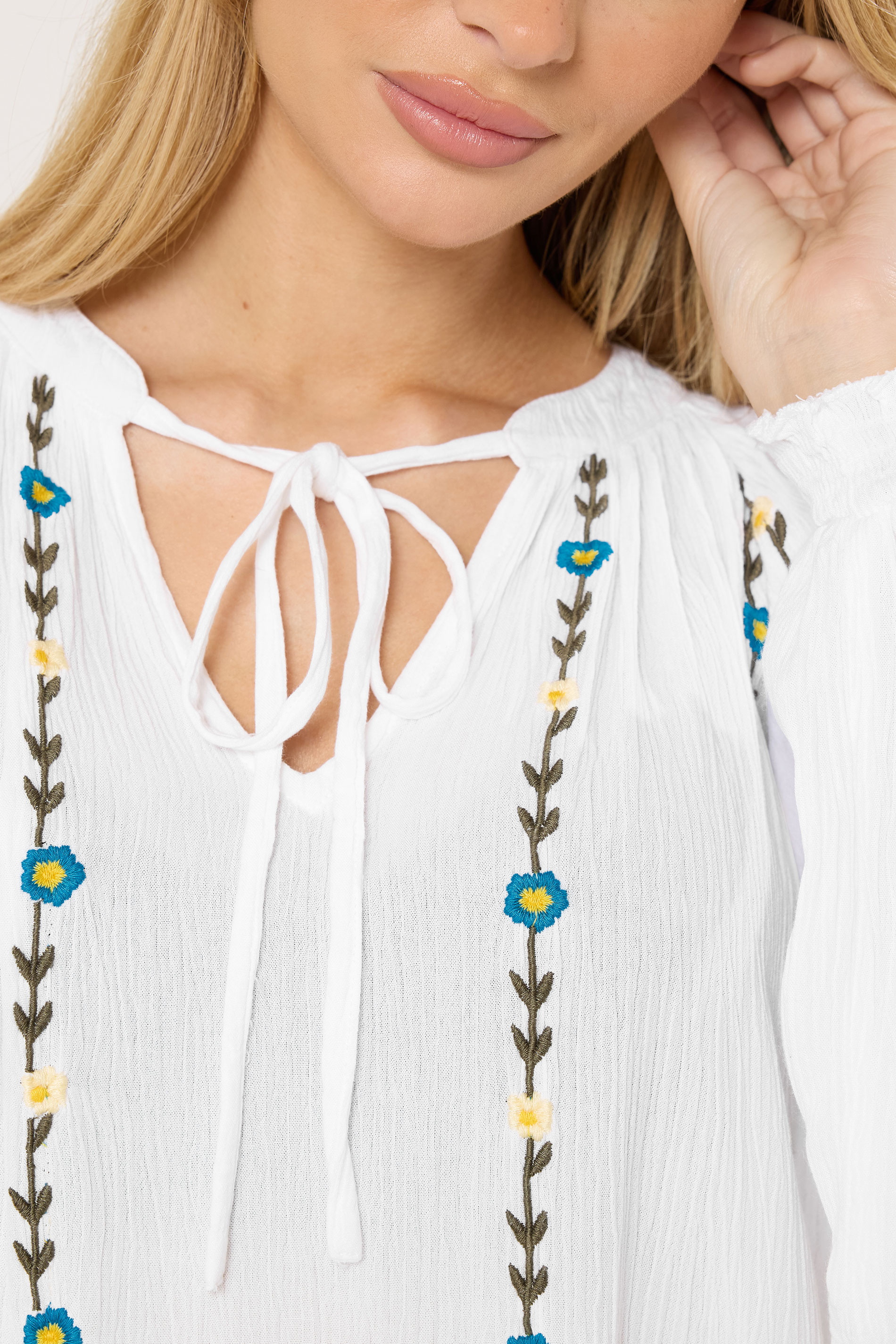 M&Co Ivory White Floral Embroidered Tie Neck Blouse | M&Co 4