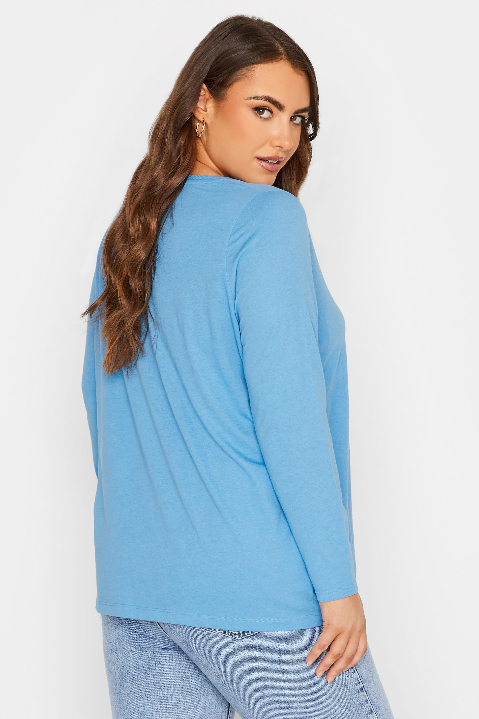 YOURS Plus Size Blue Long Sleeve V-Neck T-Shirt | Yours Clothing 3