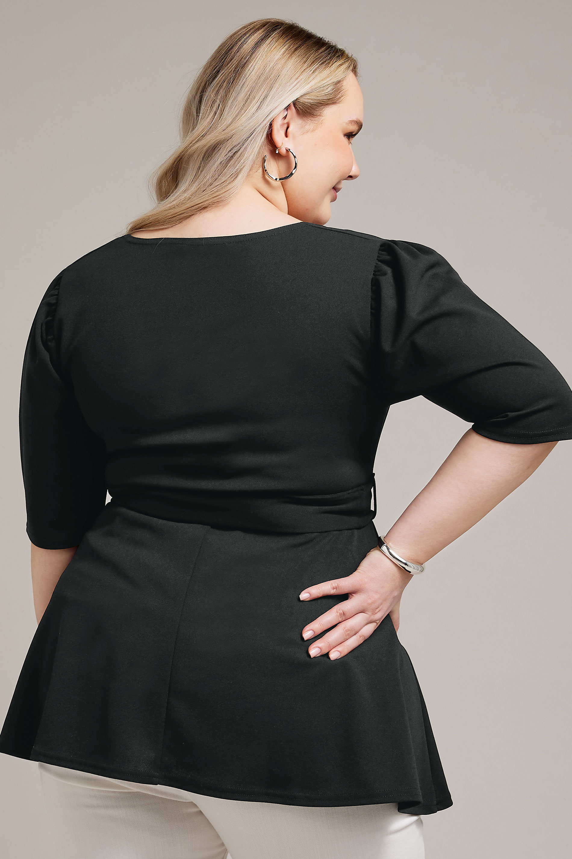 YOURS LONDON Plus Size Black Notch Neck Peplum Top | Yours Clothing 3